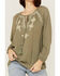 Miss Me Women's Olive Embroidered Southwestern Tassel Top, Olive, hi-res