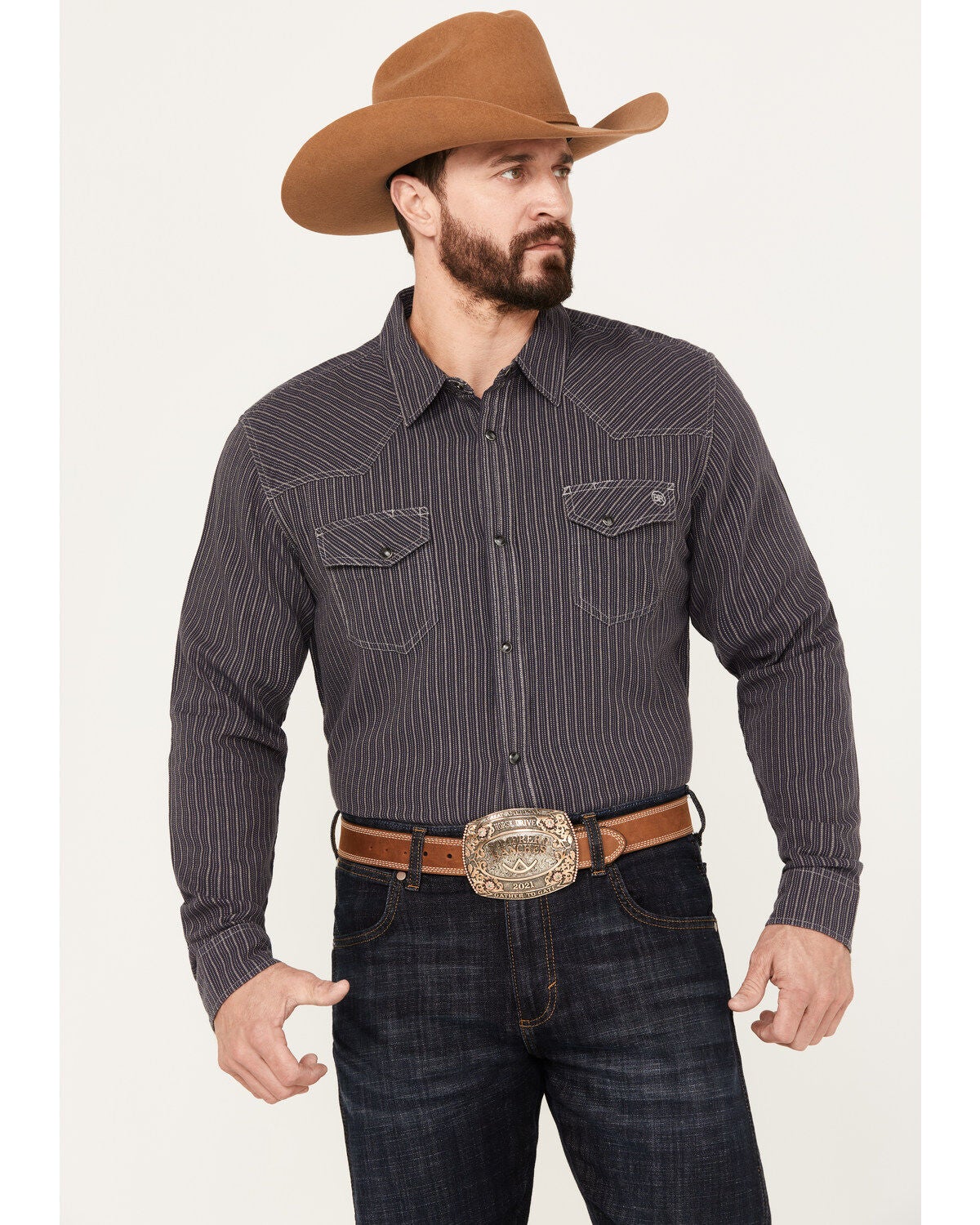 Blue Ranchwear Men's Laramie Striped Long Sleeve Western Snap Shirt, Dark Blue, hi-res