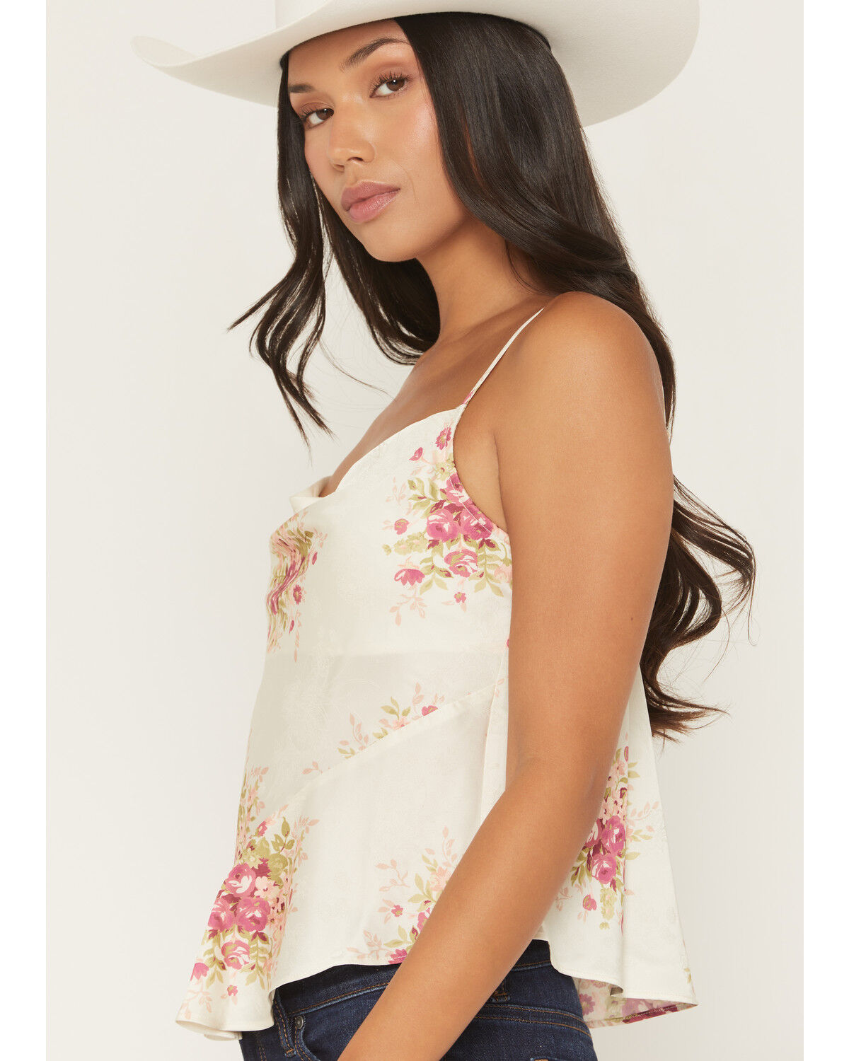 Image #2 - Shyanne Women's Floral Print Sleeveless Satin Tank Top, Cream, hi-res