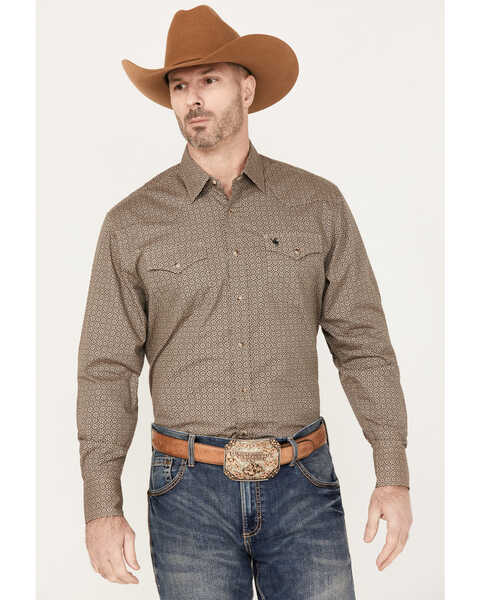 Rodeo Clothing Men's Medallion Print Long Sleeve Snap Western Shirt, Lt Brown, hi-res
