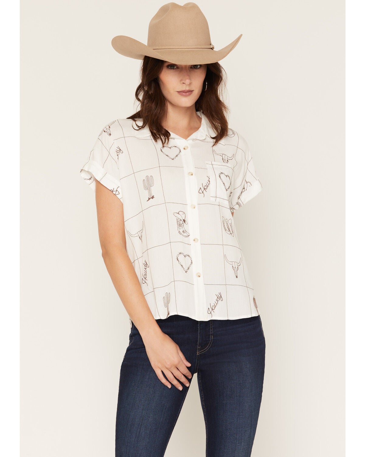 Olive Hill Women's Boot Barn Exclusive Embroidered Western Motif Short Sleeve Button-Down Western Shirt, Ivory, hi-res