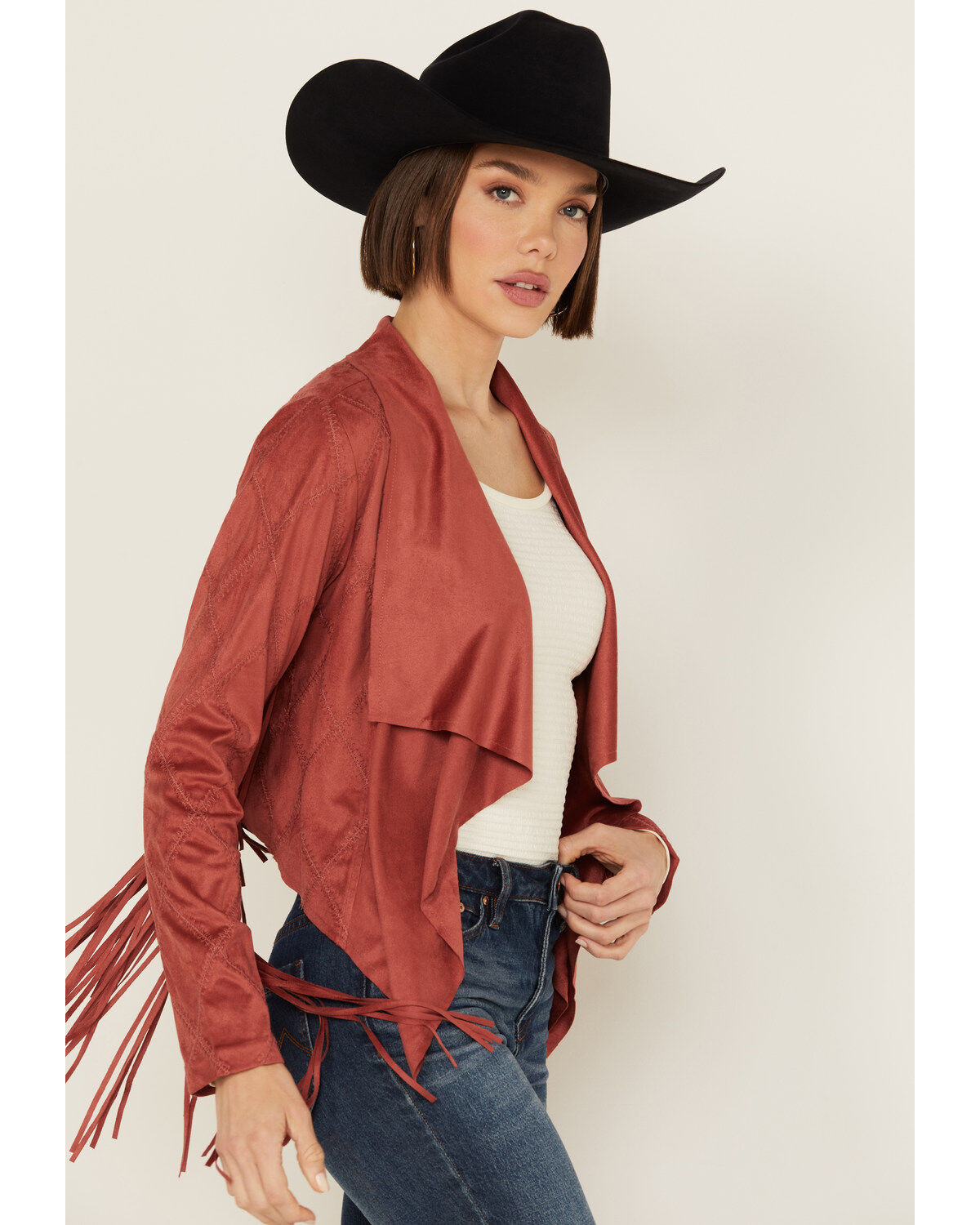 Image #2 - Shyanne Women's Open Front Faux Suede Fringe Jacket, Rust Copper, hi-res