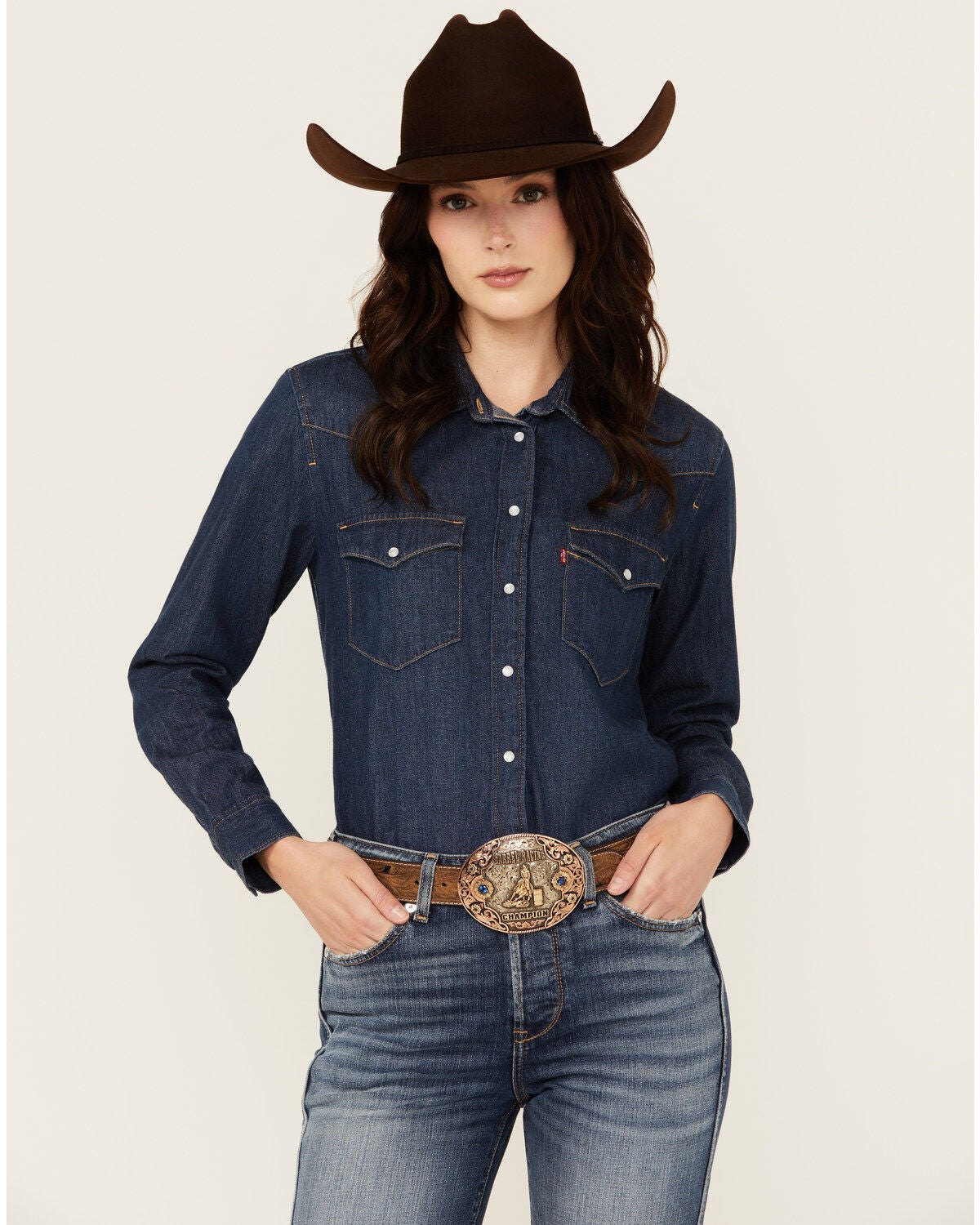 Levi's Women's Dark Wash Denim Long Sleeve Pearl Snap Ultimate Western Shirt, Blue, hi-res