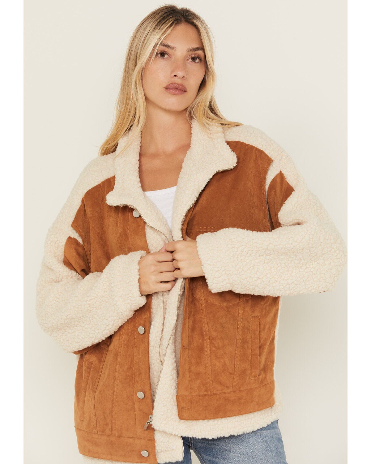 BLANKNYC Women's Two Tone Sherpa Suede Jacket, Camel, hi-res
