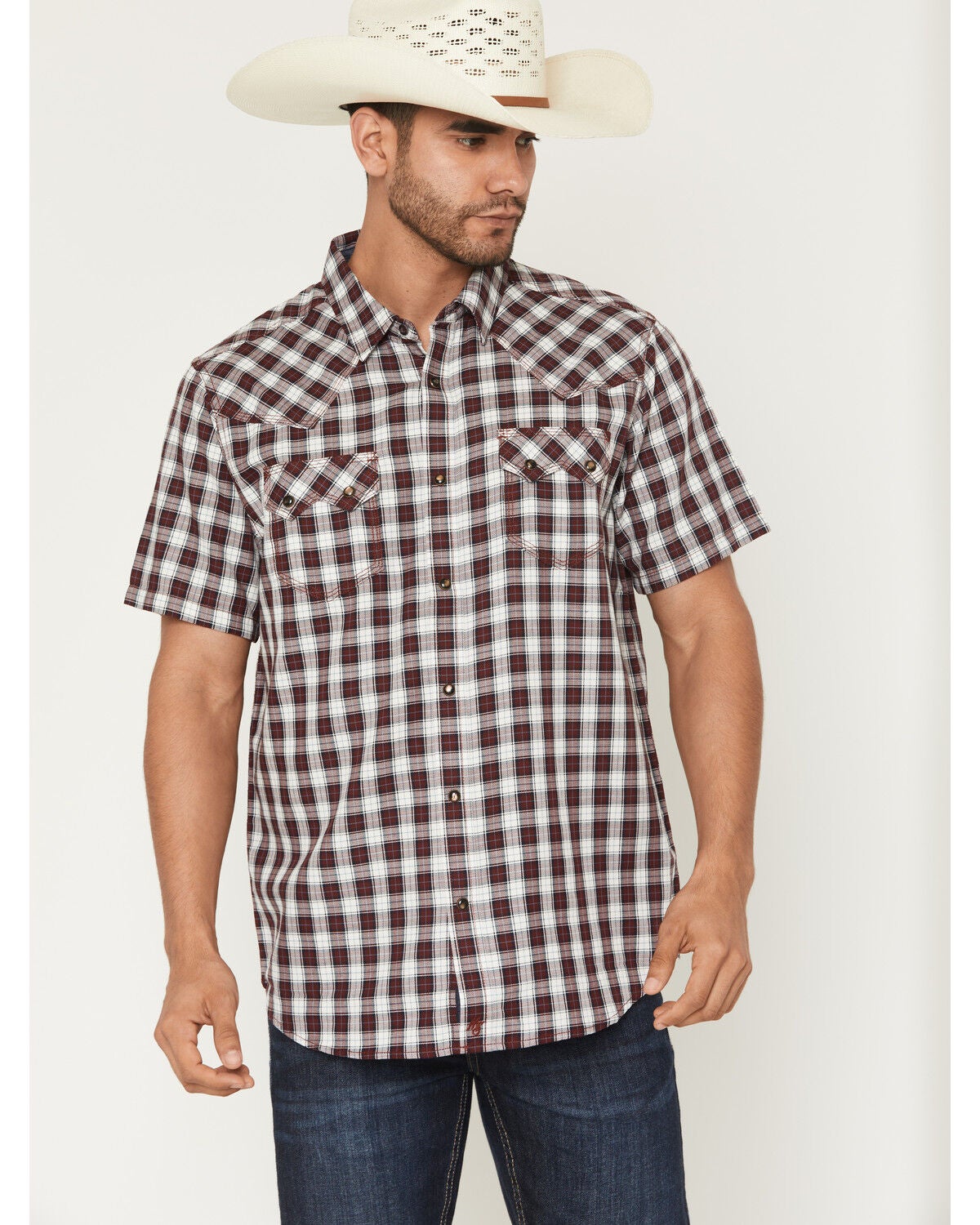 Moonshine Spirit&reg; Men's West Virginia Plaid Print Short Sleeve Snap Flannel Shirt, Burgundy, hi-res