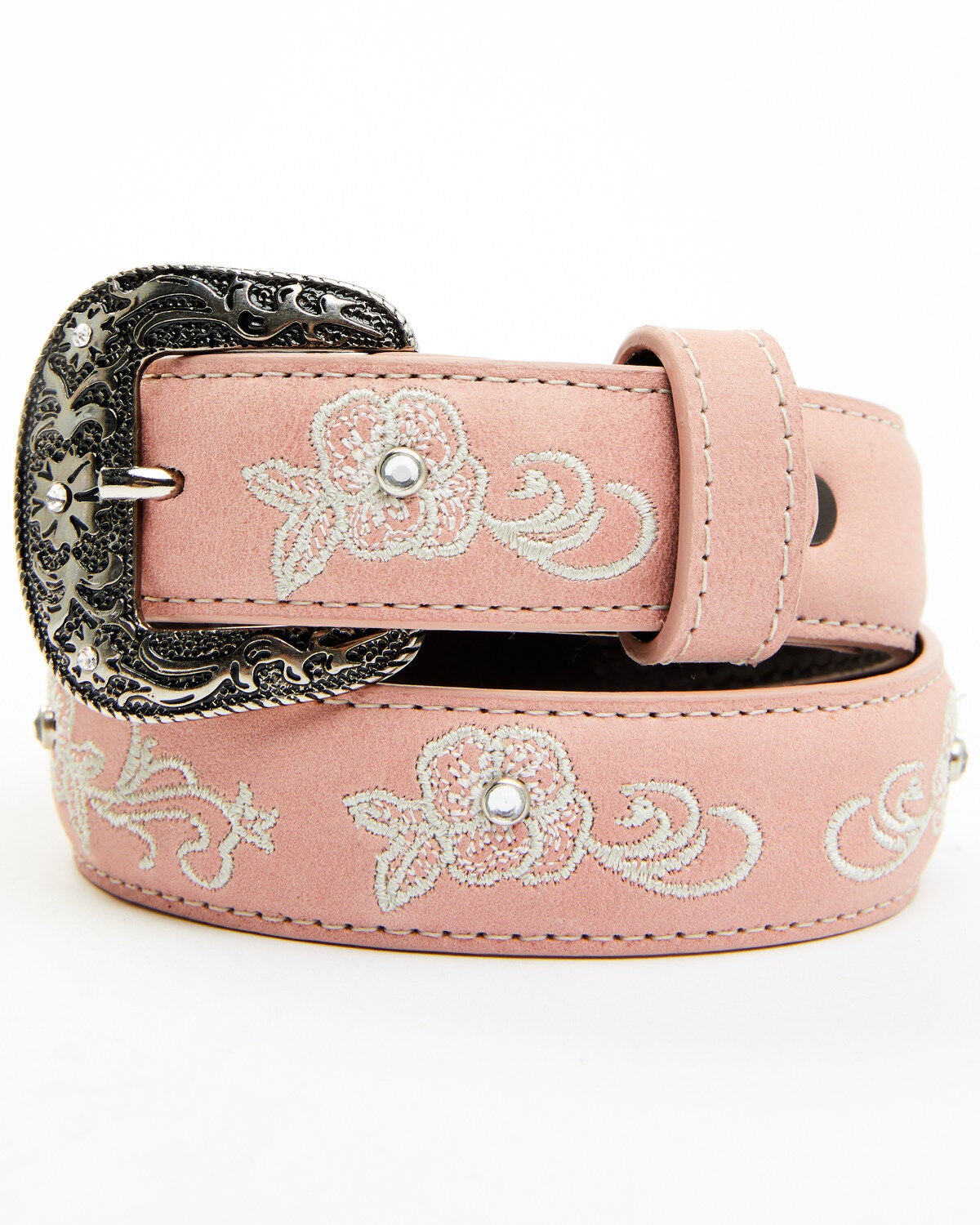 Shyanne Girls' Floral & Crystal Rhinestone Leather Belt, Light Pink, hi-res