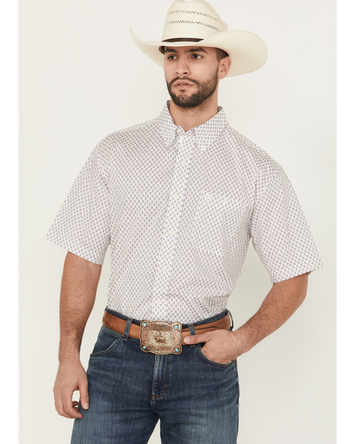 George Strait by Wrangler Men's Geo Print Short Sleeve Button-Down Stretch Western Shirt, White, hi-res