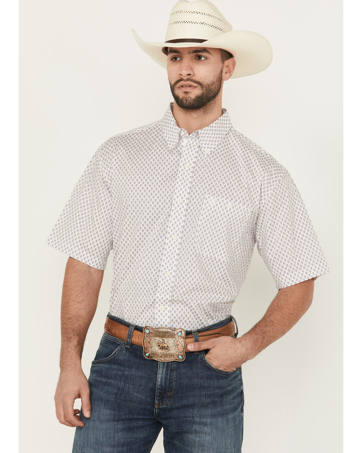 Image #1 - George Strait by Wrangler Men's Geo Print Short Sleeve Button-Down Stretch Western Shirt, White, hi-res