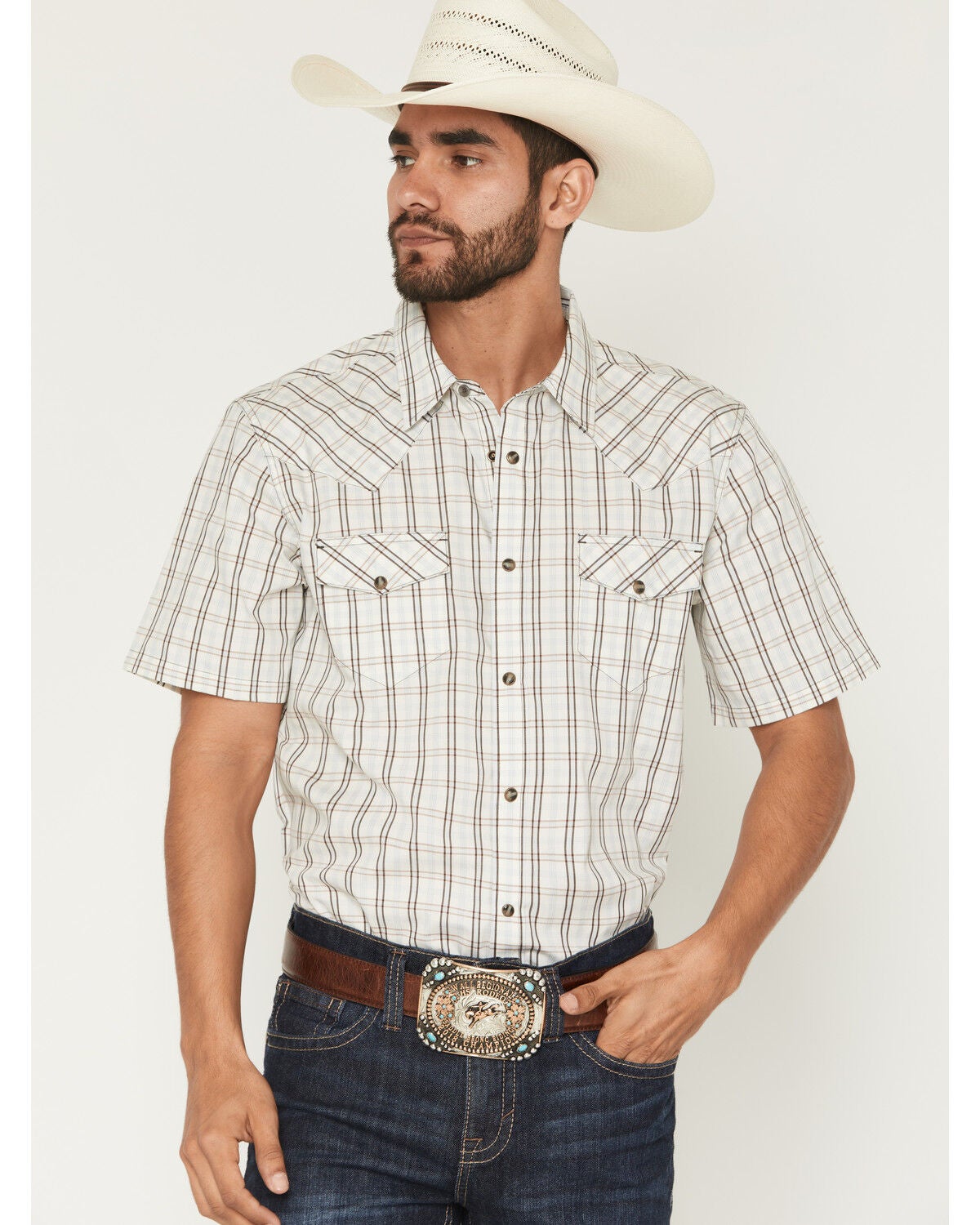 Gibson Trading Co Men's Southern Trail Plaid Print Short Sleeve Snap Western Shirt, Cream, hi-res
