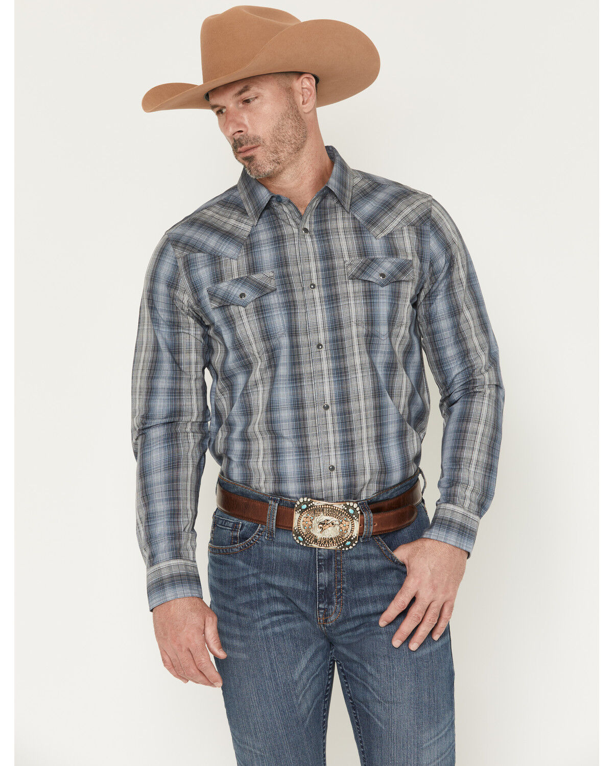 Image #1 - Cody James Men's Wild Creek Plaid Print Long Sleeve Snap Western Shirt, Blue, hi-res