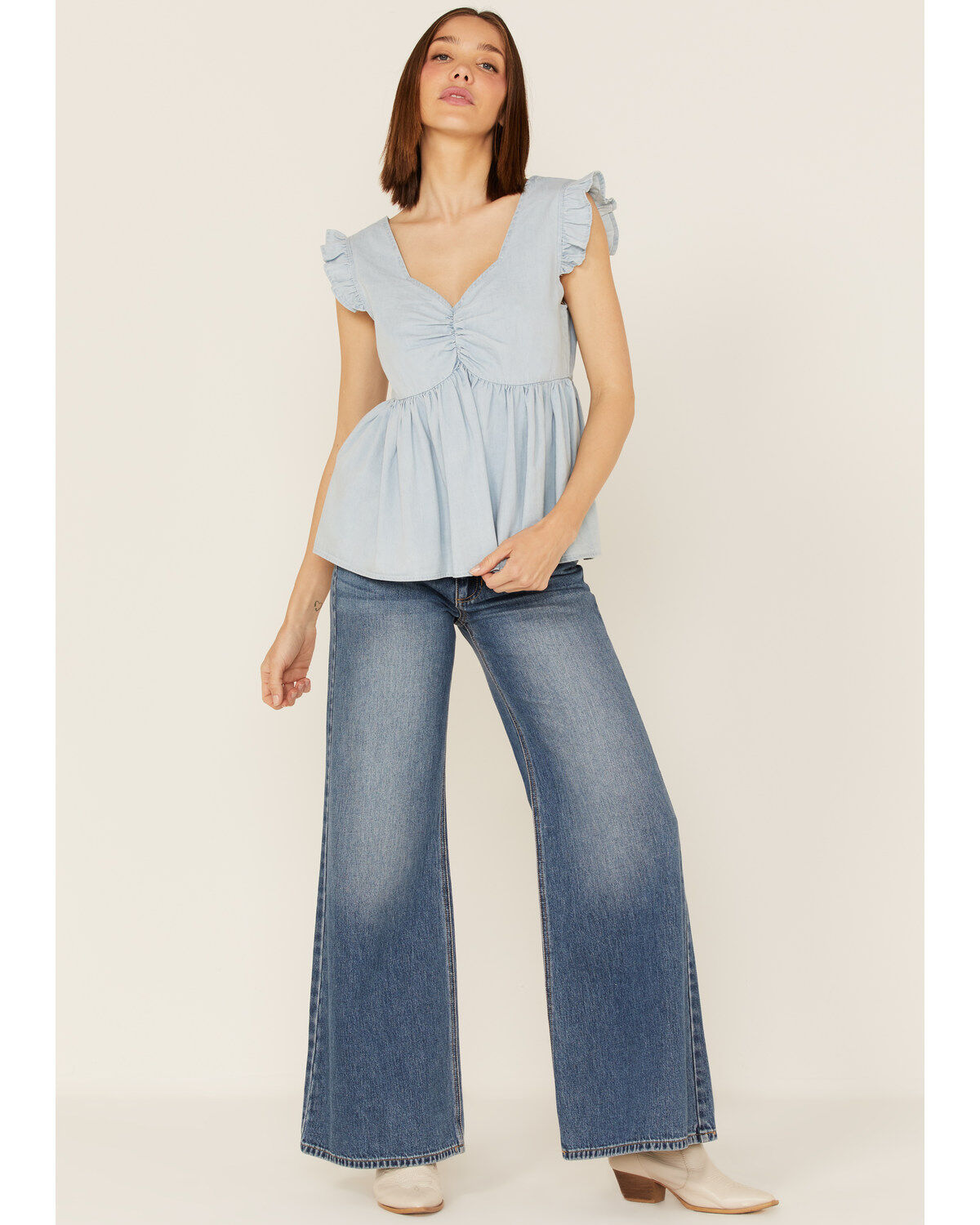 Image #2 - Molly Bracken Women's Sweetheart Flutter Sleeve Denim Top, Light Blue, hi-res
