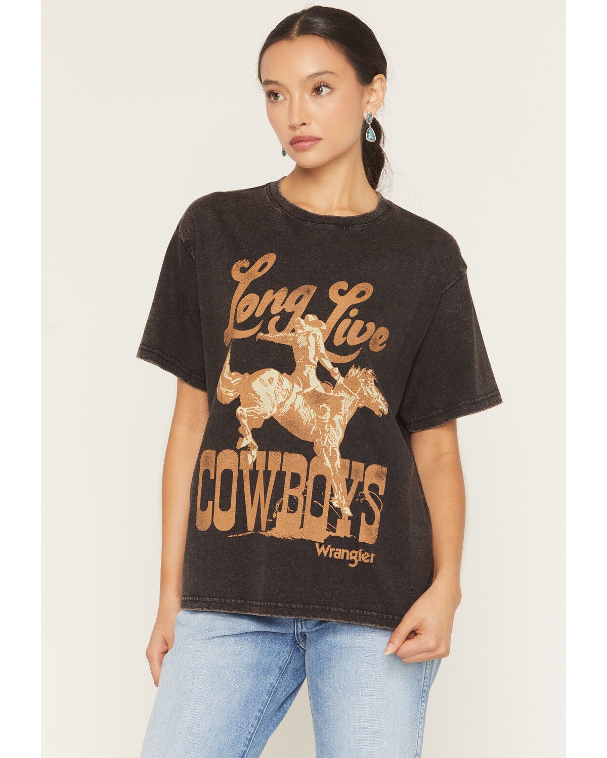 Wrangler Retro Women's Long Live Cowboys Short Sleeve Graphic Tee, Black, hi-res