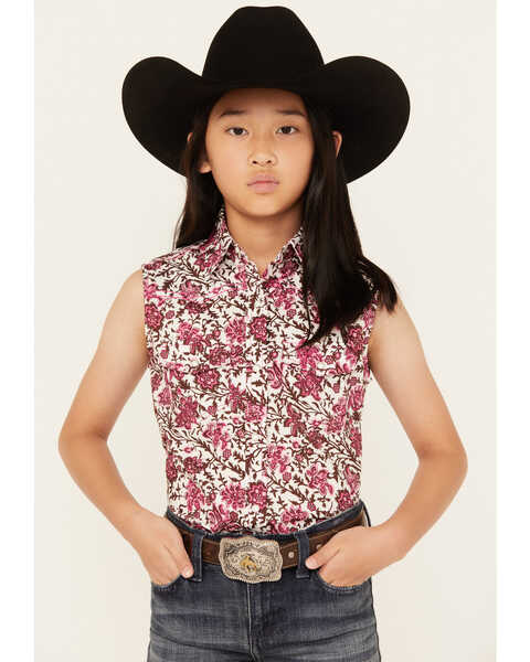 Cowgirl Hardware Girls' Floral Print Sleeveless Snap Western Shirt , Burgundy, hi-res
