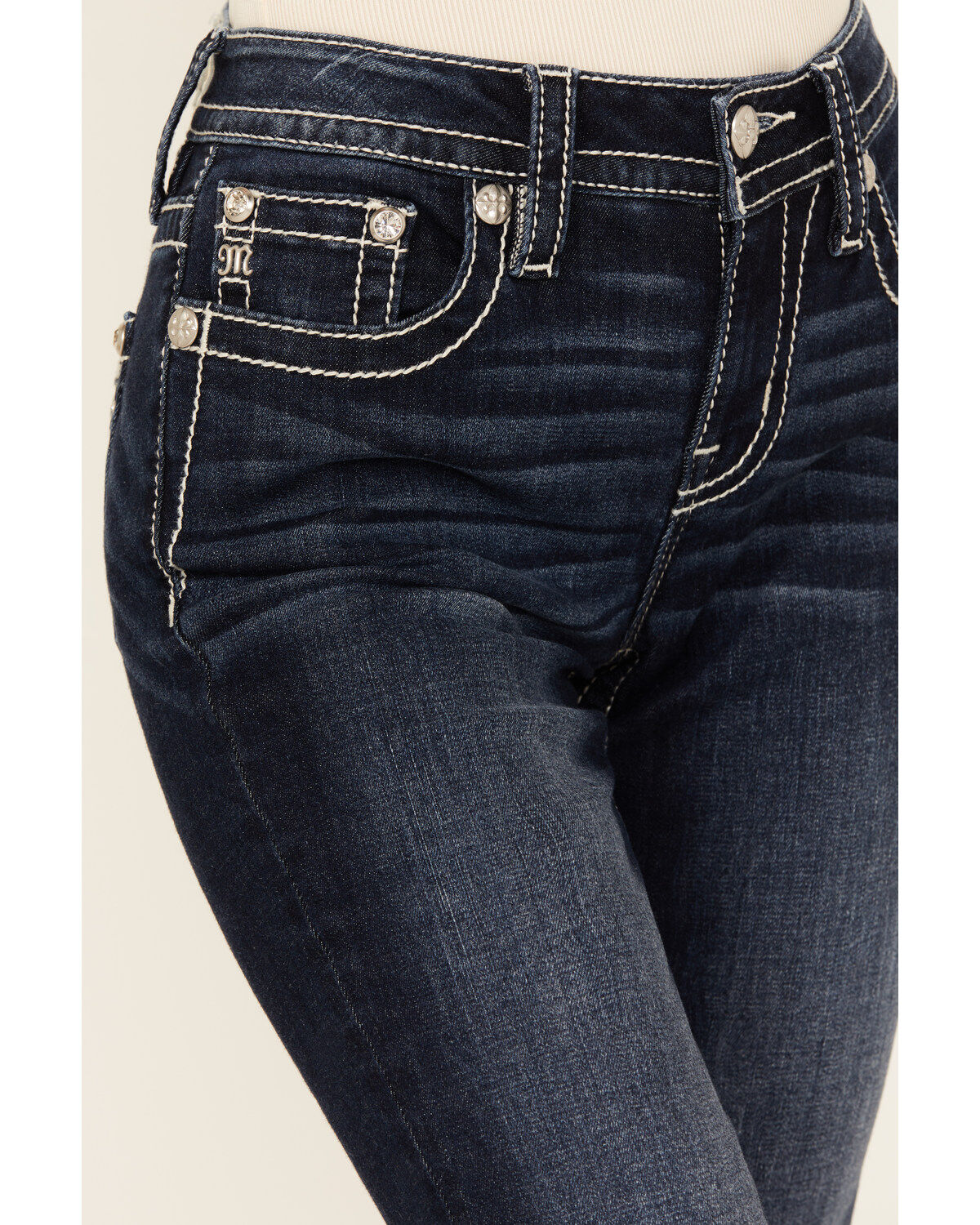 Image #4 - Miss Me Women's Dark Wash Mid Rise Dream Catcher Pocket Bootcut Stretch Denim Jeans, , hi-res