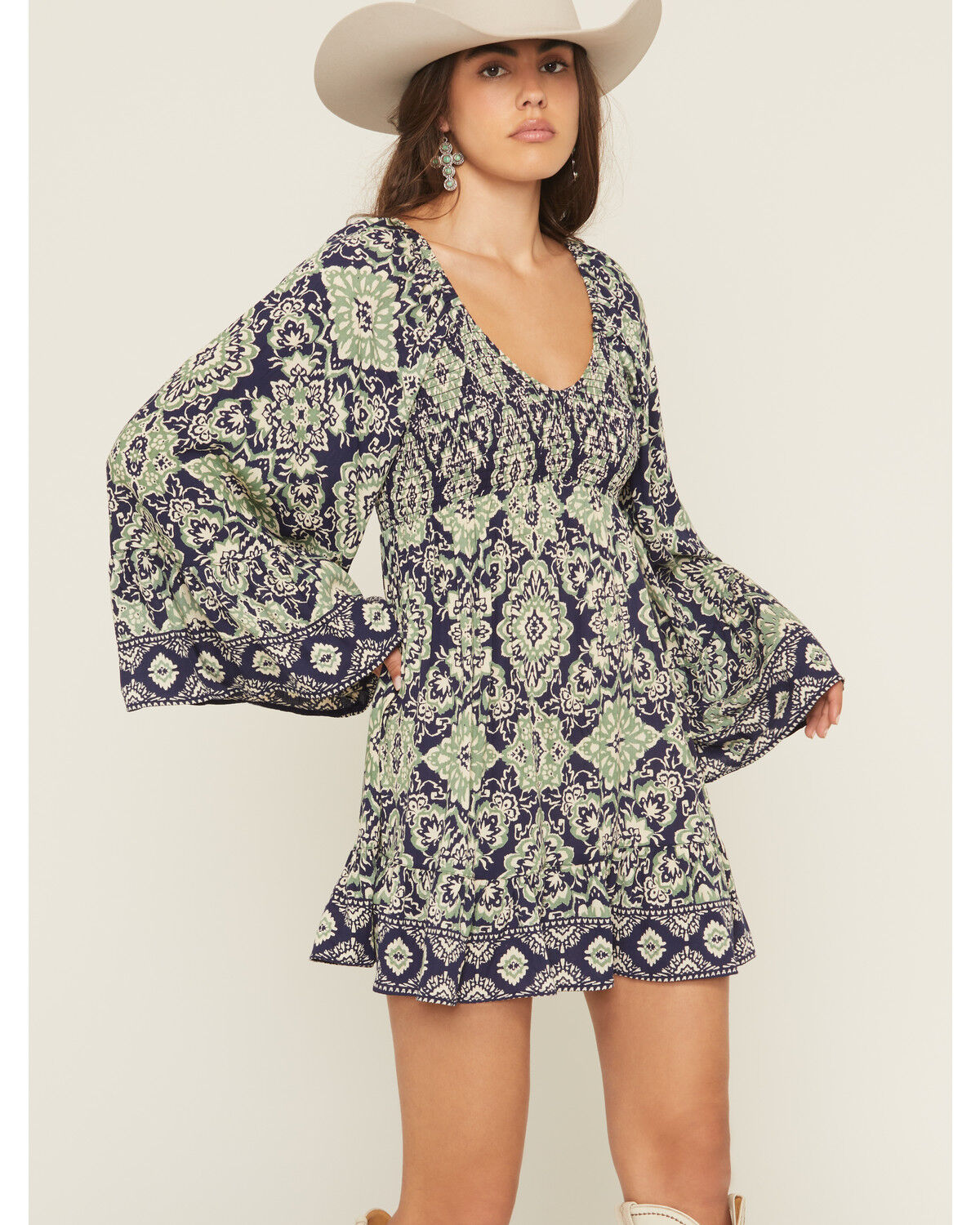 Angie Women's Geo Print Long Sleeve Smocked Front Mini Dress