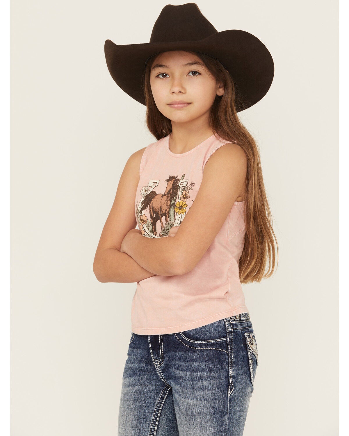 Shyanne Girls' Horseshoe Graphic Bow Tank Top, Pink, hi-res