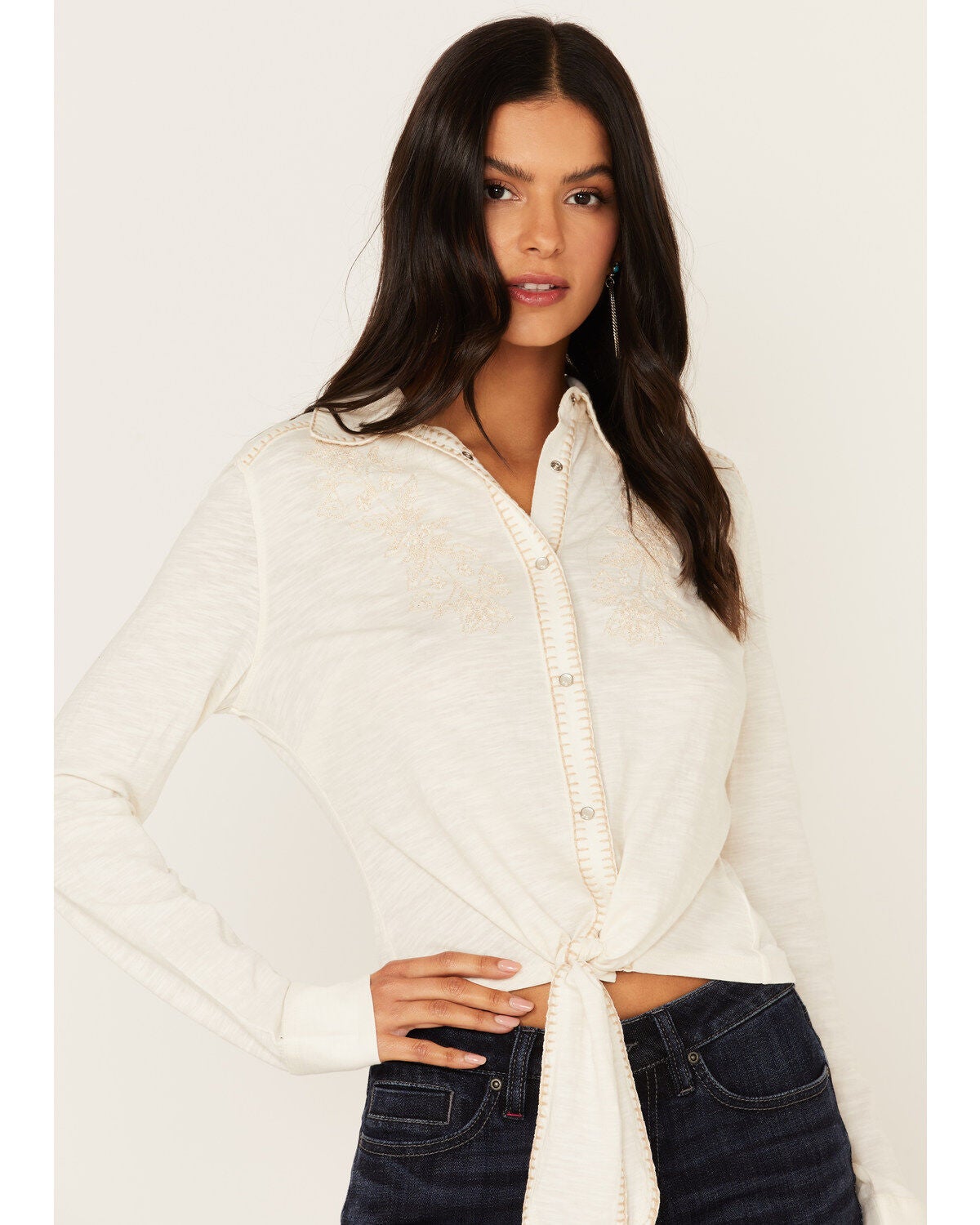 Idyllwind Women's Embroidered Tie Front Knit Long Sleeve Western Pearl Snap Shirt, Ivory, hi-res