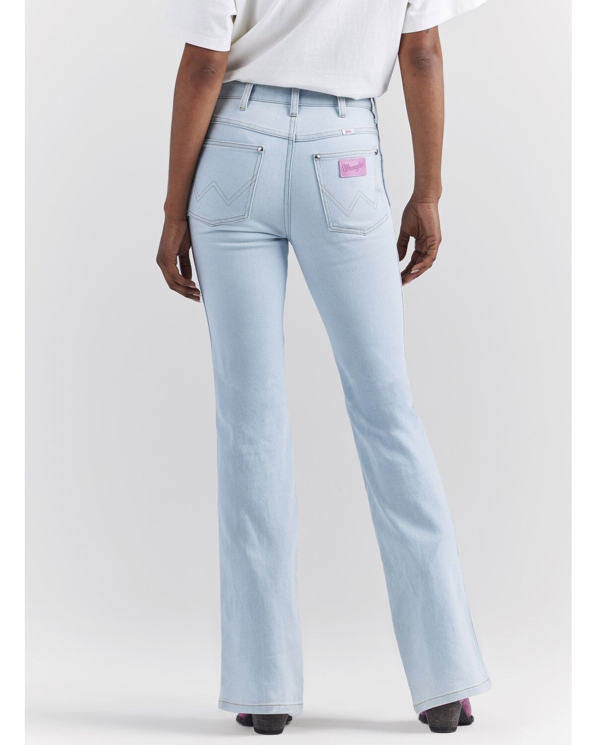 Image #5 - Wrangler® X Barbie™ Women's Light Wash High Rise Westward Pink Patch Stretch Bootcut Jeans, , hi-res