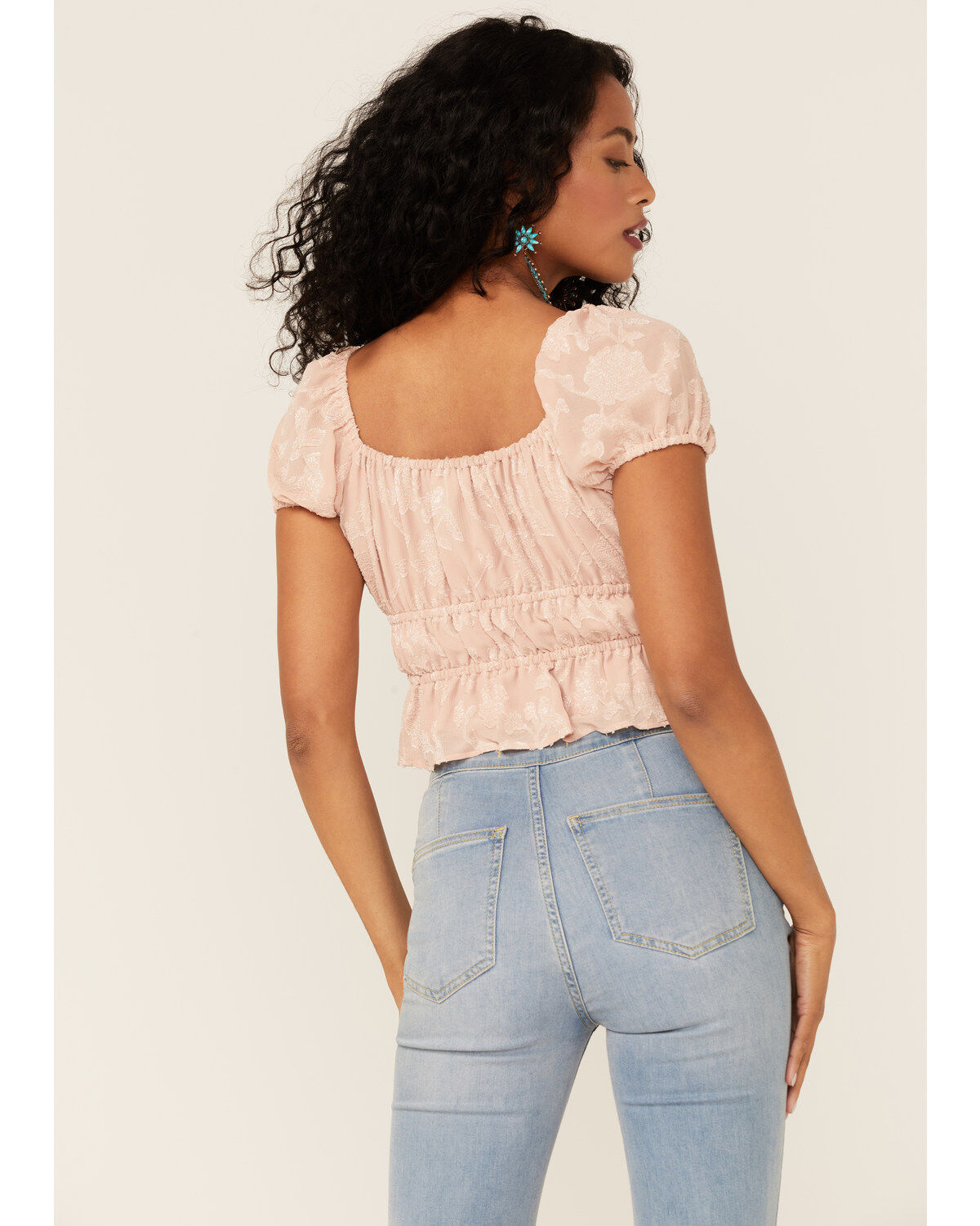 Image #3 - Jolt Women's Jacquard Crinkle Short Sleeve Peasant Crop Top, , hi-res