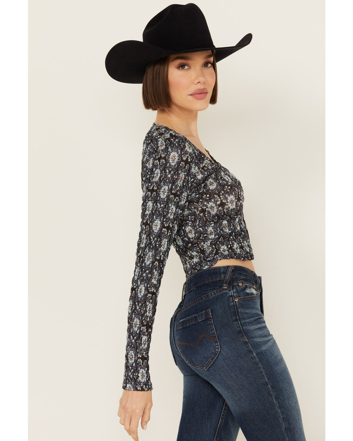 Image #2 - Beyond The Radar Women's Floral Mesh Long Sleeve Top, Black, hi-res