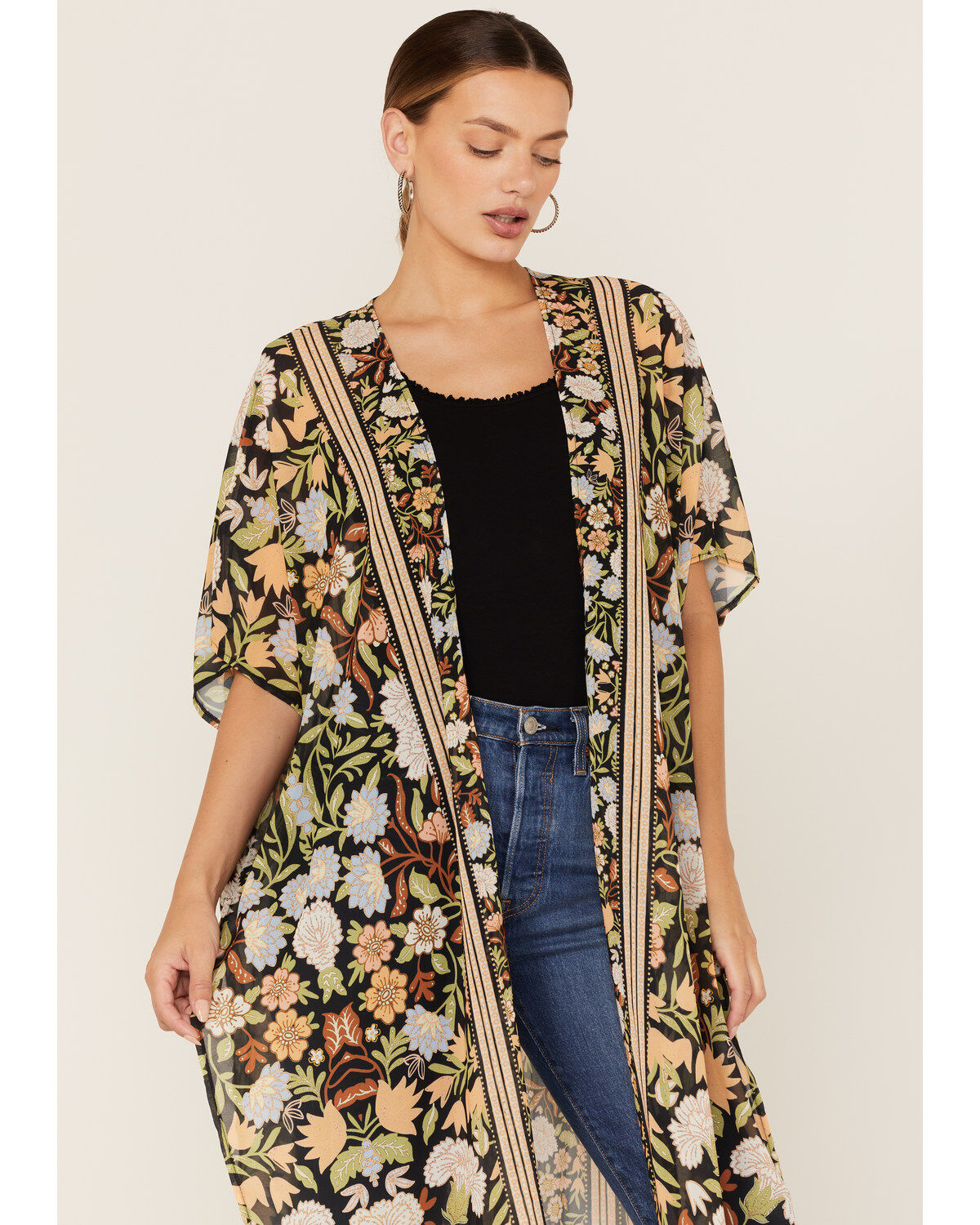 Image #2 - Flying Tomato Women's Floral Print Duster Kimono, Black, hi-res