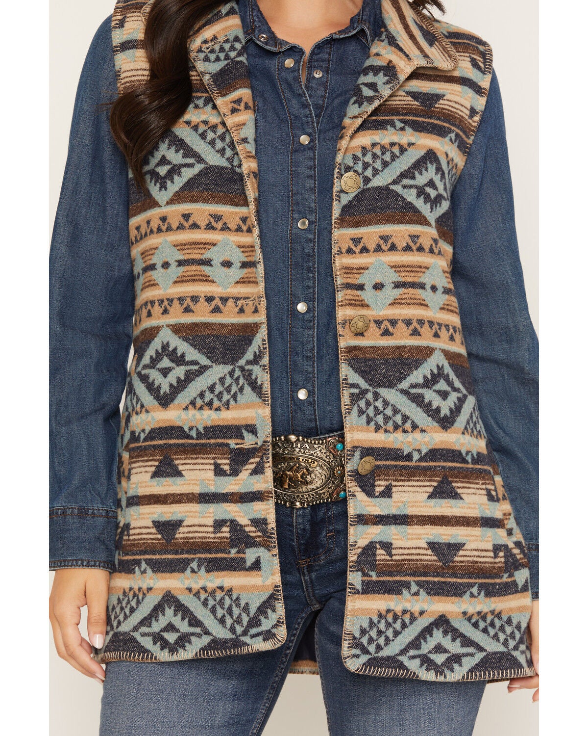 Image #3 - Outback Trading Co Women's Southwestern Whipstitch Button-Down Vest, Multi, hi-res