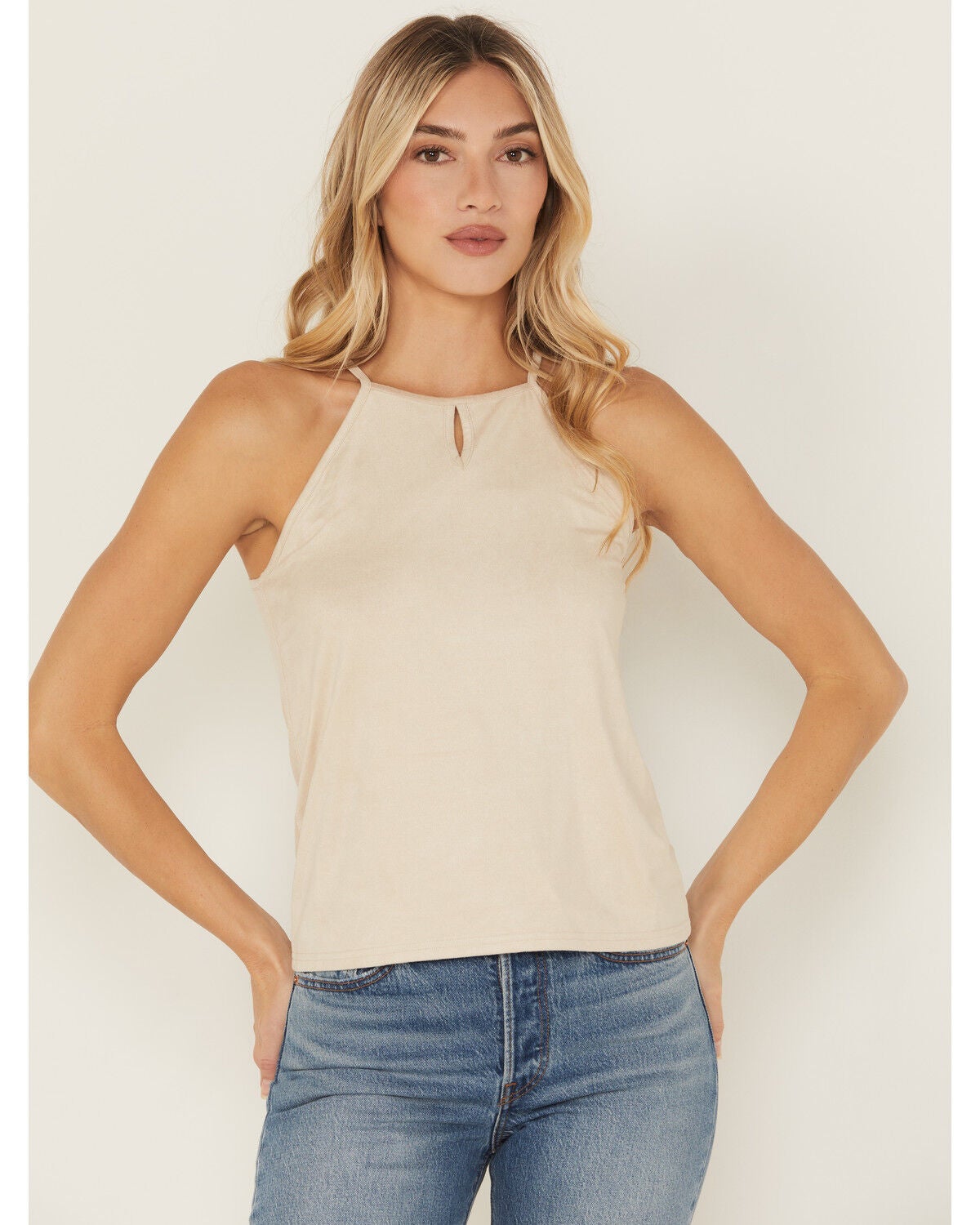 Shyanne Women's Faux Suede Halter Tank, Natural, hi-res