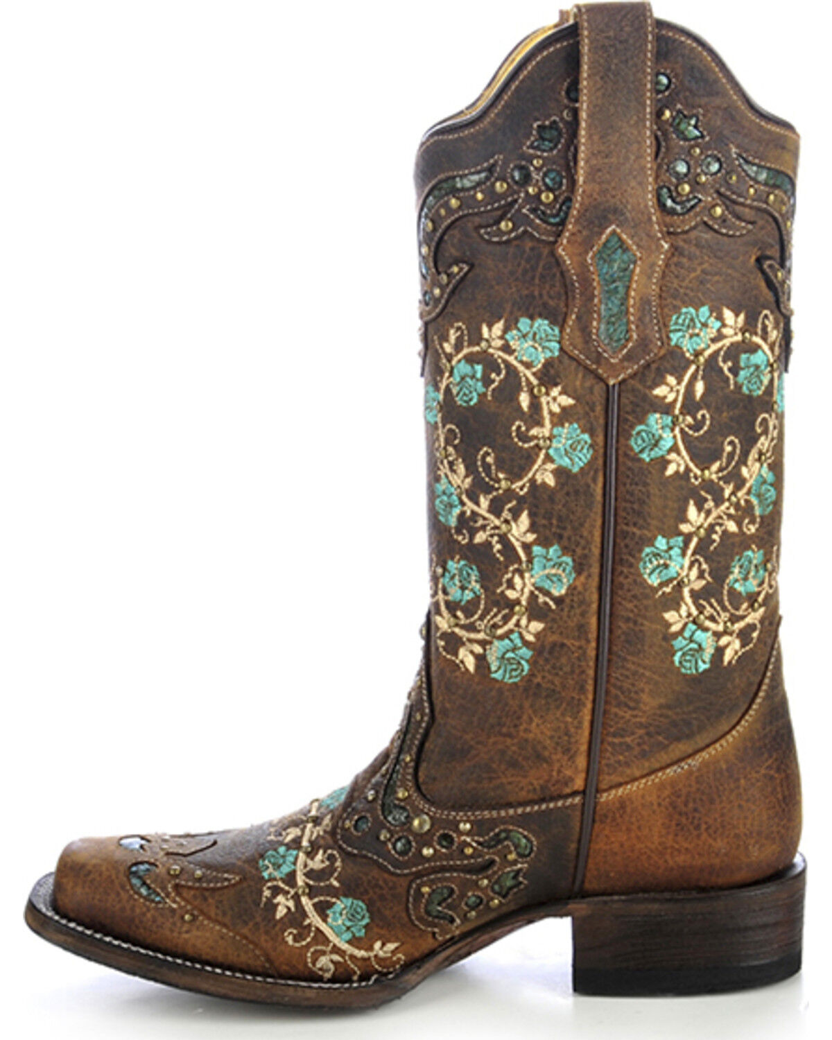 Image #9 - Corral Women's Studded Floral Embroidery Western Boots - Square Toe, , hi-res