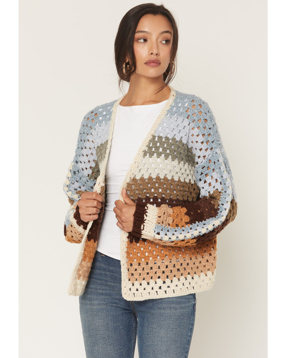 Image #1 - Elan Women's Stripe Crochet Cardigan, Multi, hi-res