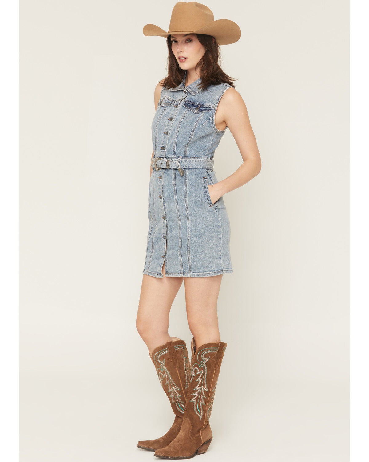 Rock & Roll Denim Women's Medium Wash Sleeveless Buckle Denim Mini Dress, Medium Wash, hi-res