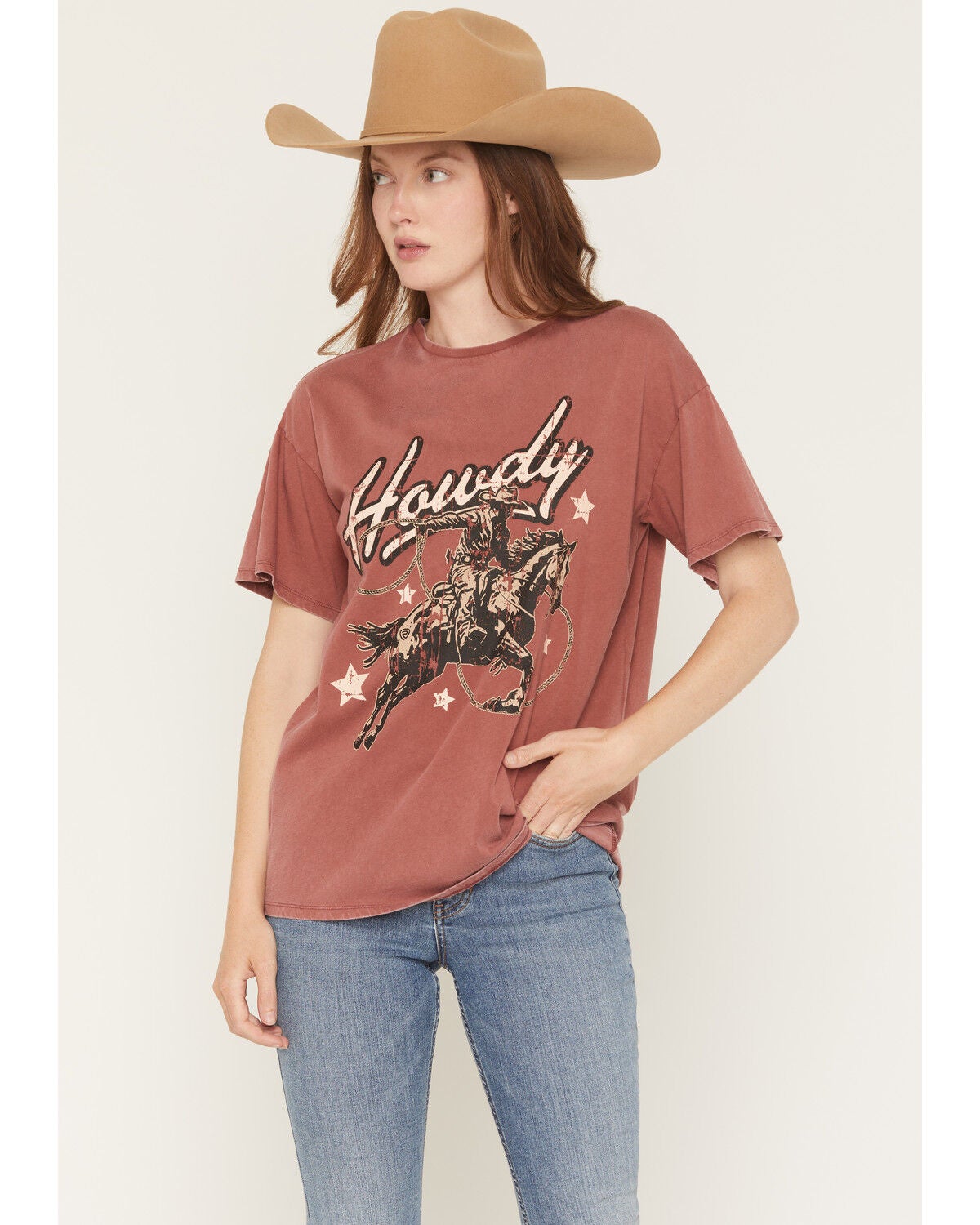 Rock & Roll Denim Women's Howdy Horse Short Sleeve Graphic Tee, Rose, hi-res