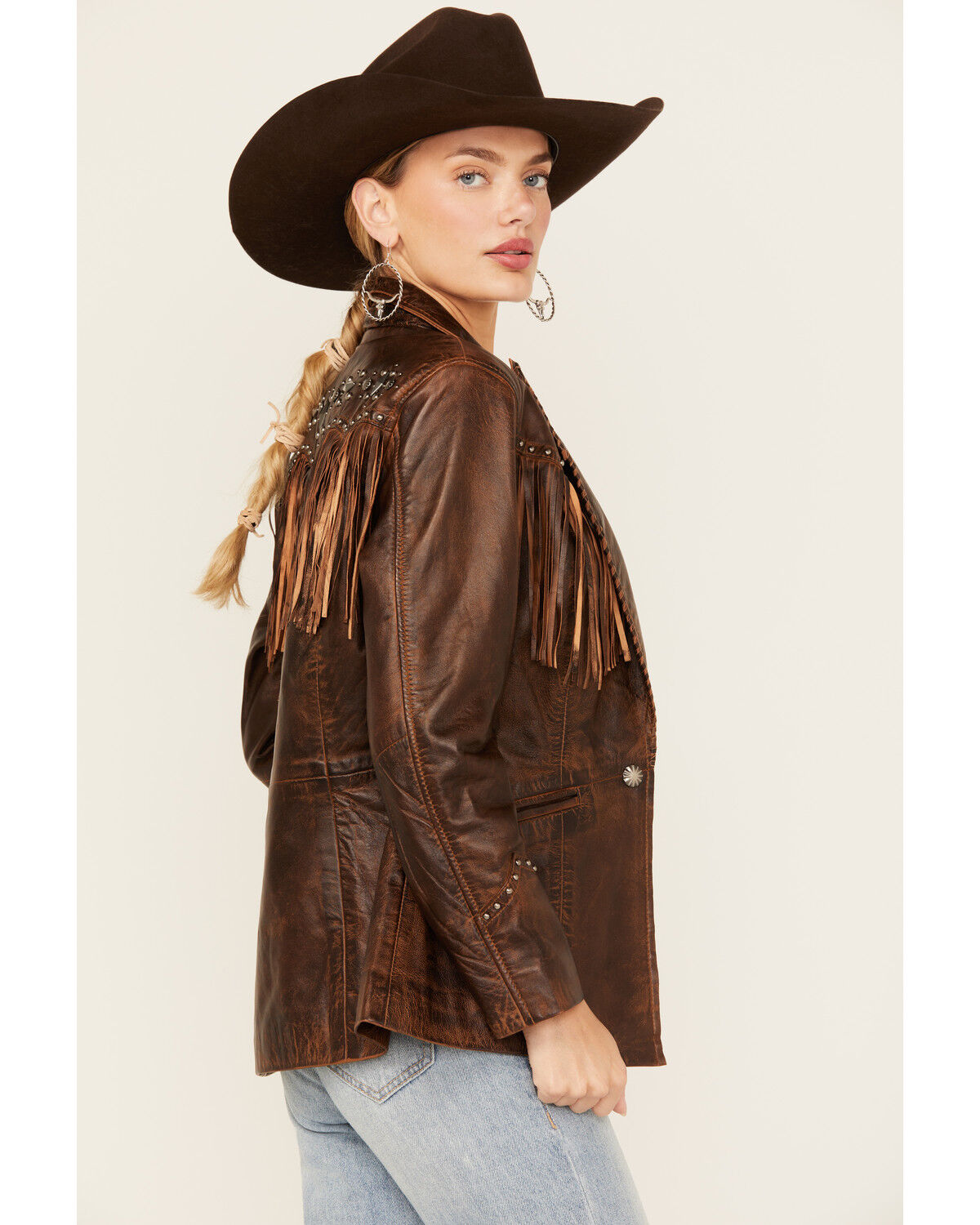 Image #2 - Cripple Creek Women's Fringe Leather Blazer, Brown, hi-res