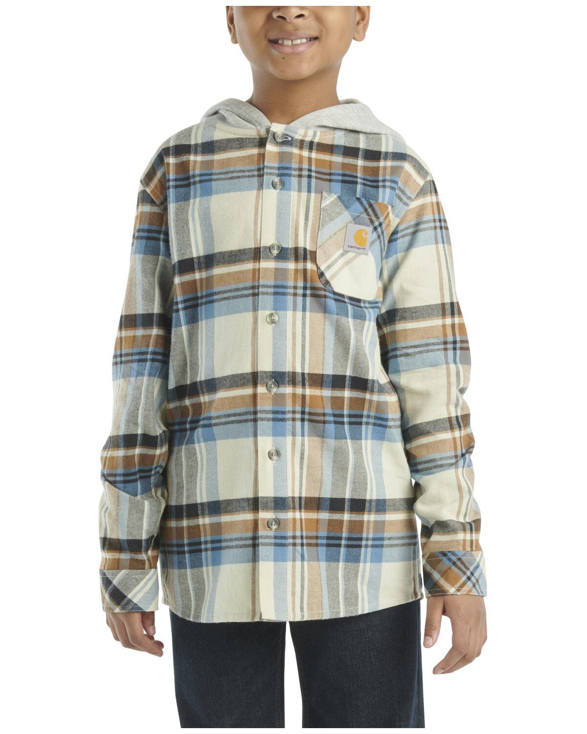 Carhartt Boys' Plaid Print Button-Down Hooded Shirt Jacket, Grey, hi-res