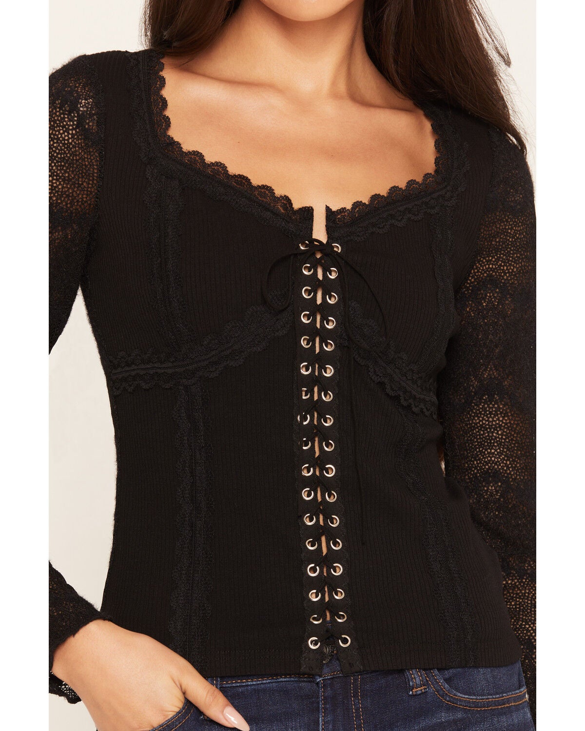Image #3 - Miss Me Women's Tie-Front Long Sleeve Top, Black, hi-res