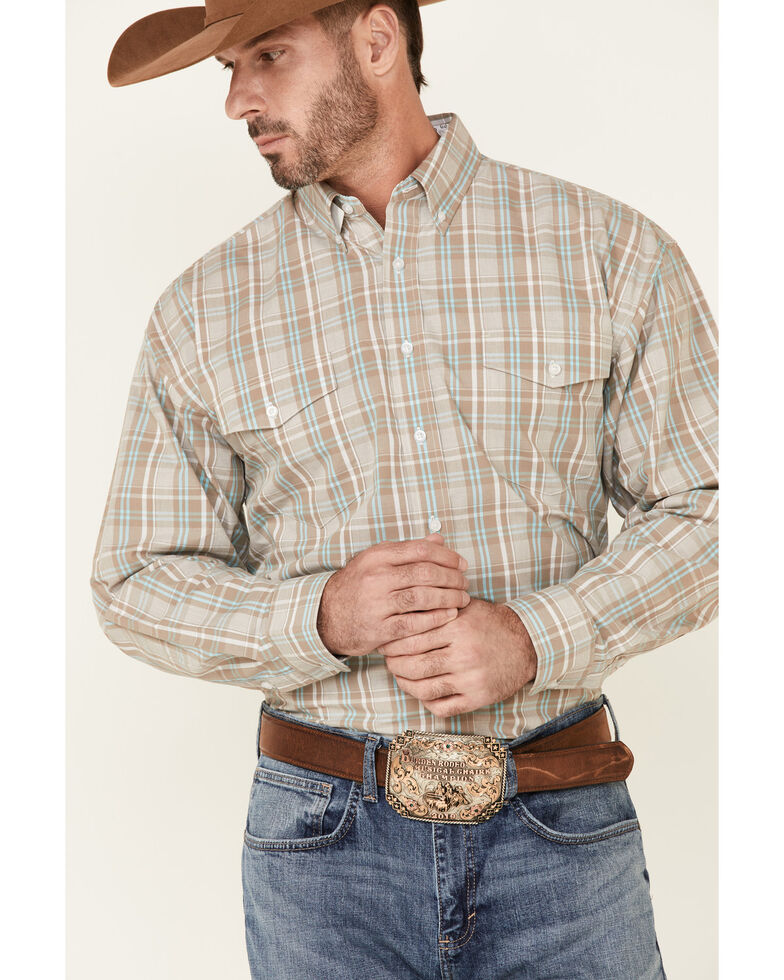 Panhandle Select Men's Taupe Plaid Long Sleeve Button-Down Western Shirt , Taupe, hi-res