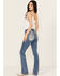 Image #1 - Miss Me Women's Fleur de Lis Medium Wash Mid Rise 32" Bootcut Stretch Denim Jeans, Medium Wash, hi-res