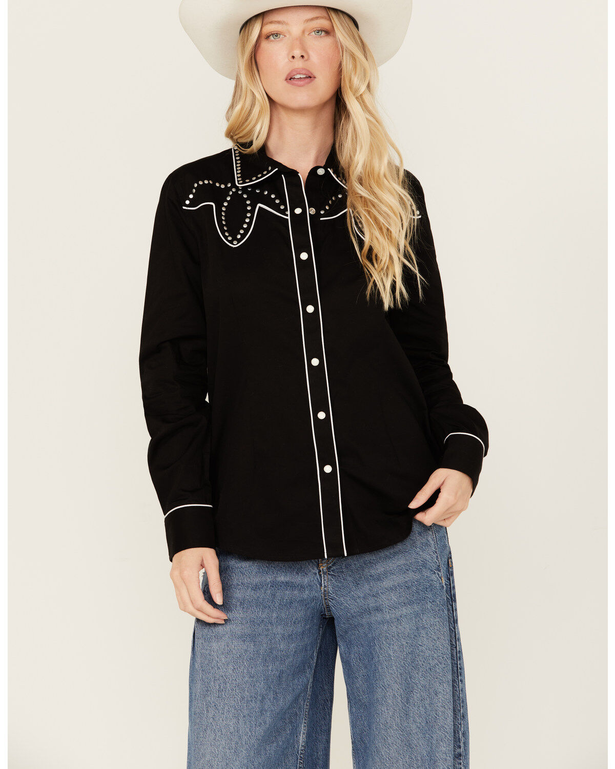 Image #1 - Panhandle Women's Retro Studded Long Sleeve Snap Western Shirt, Black, hi-res