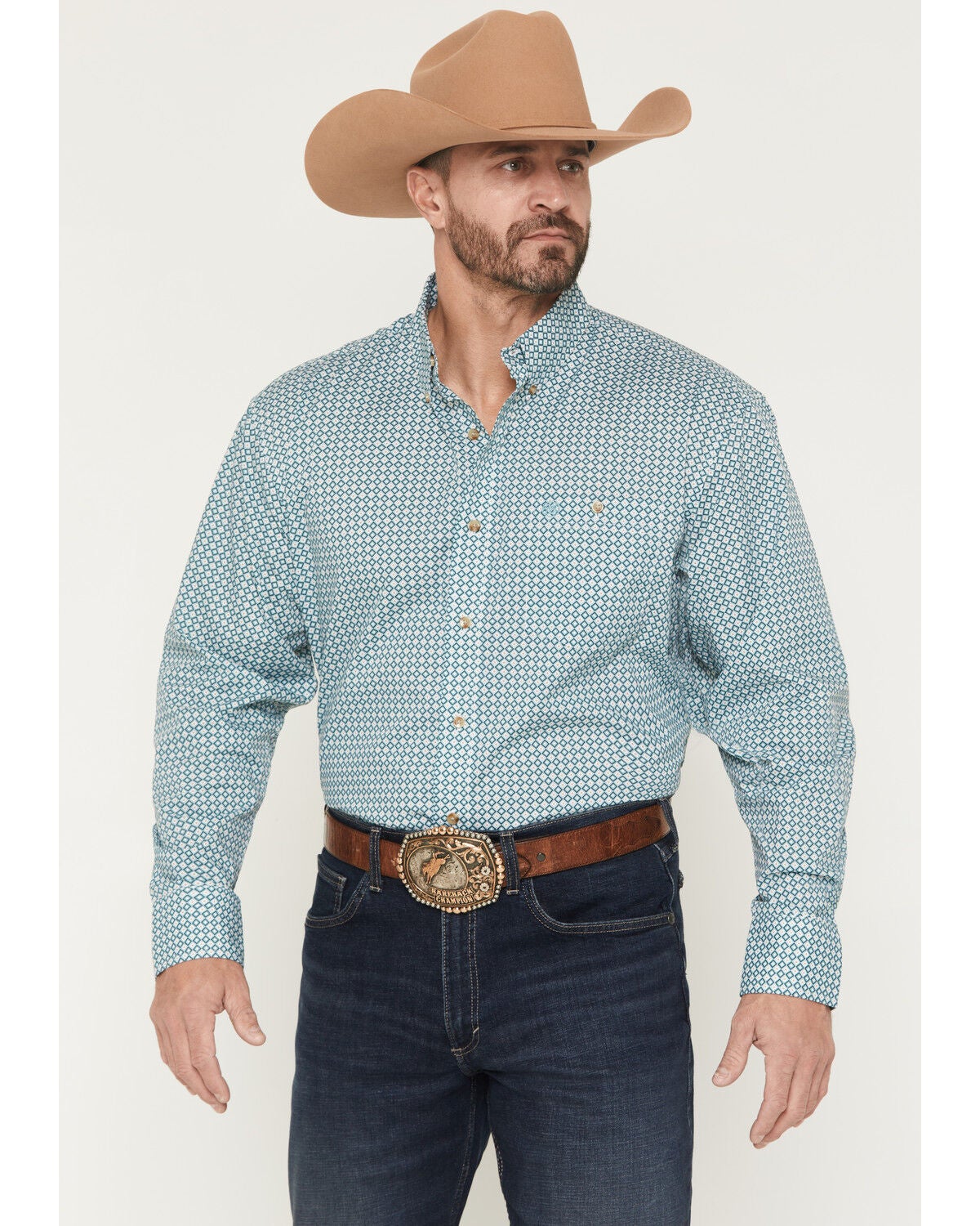 Wrangler Men's Classics Geo Print Long Sleeve Button-Down Western Shirt, Turquoise, hi-res
