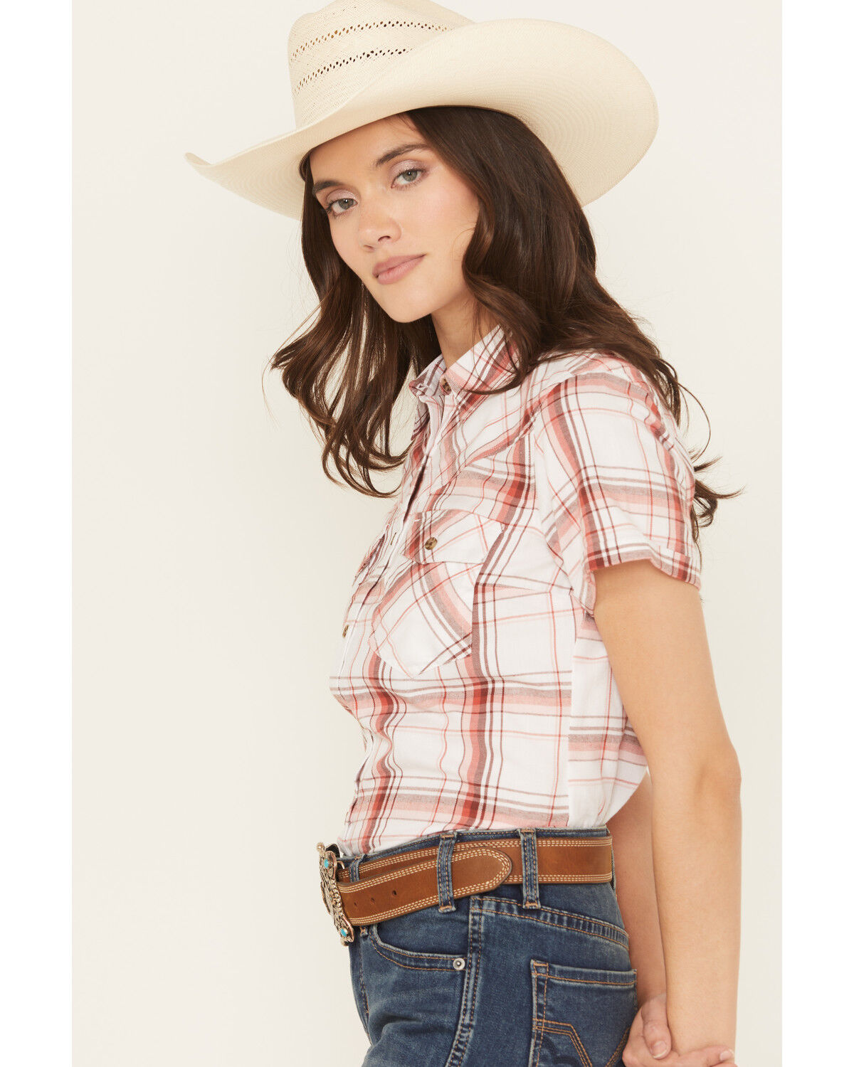 Image #2 - Shyanne Women's Plaid Print Short Sleeve Button-Down Western Shirt, White, hi-res