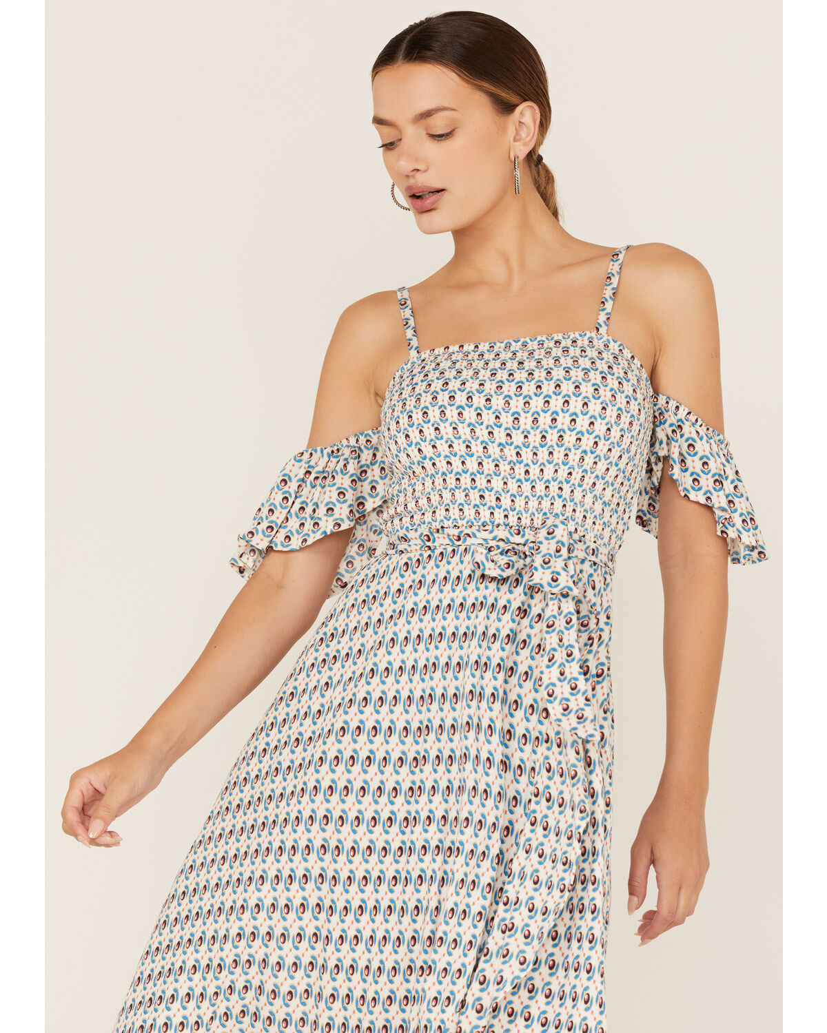 Image #2 - Band of the Free Women's Prism Geo Print Off Shoulder Smocked Wrap Midi Dress, Blue, hi-res