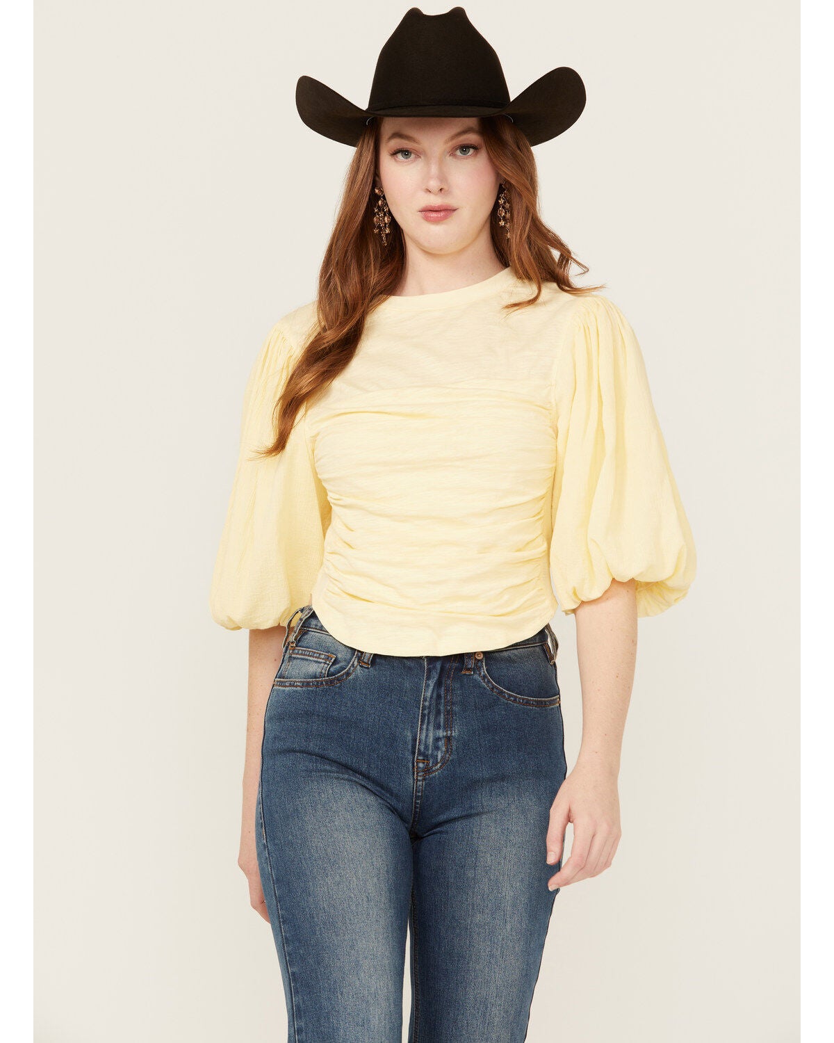 Beyond The Radar Women's Puff Sleeve Ruched Shirt, Yellow, hi-res