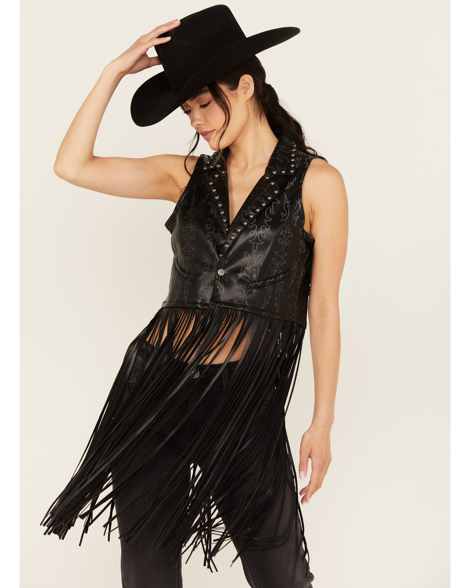 Rock Roll Denim Women s Embellished Long Fringe Vest Pueblo Mall