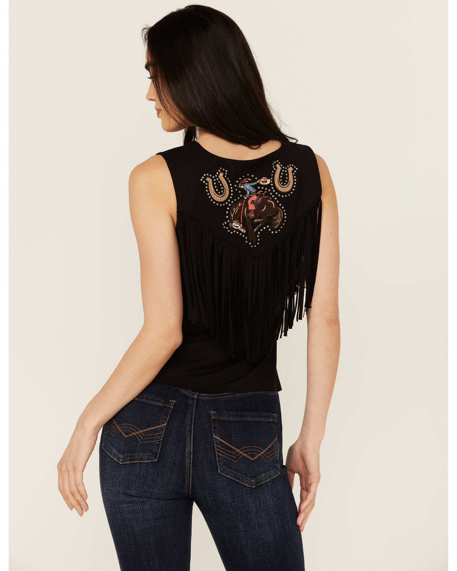 Image #2 - Idyllwind Women's Plateau Embroidered Studded Fringe Tank, Black, hi-res