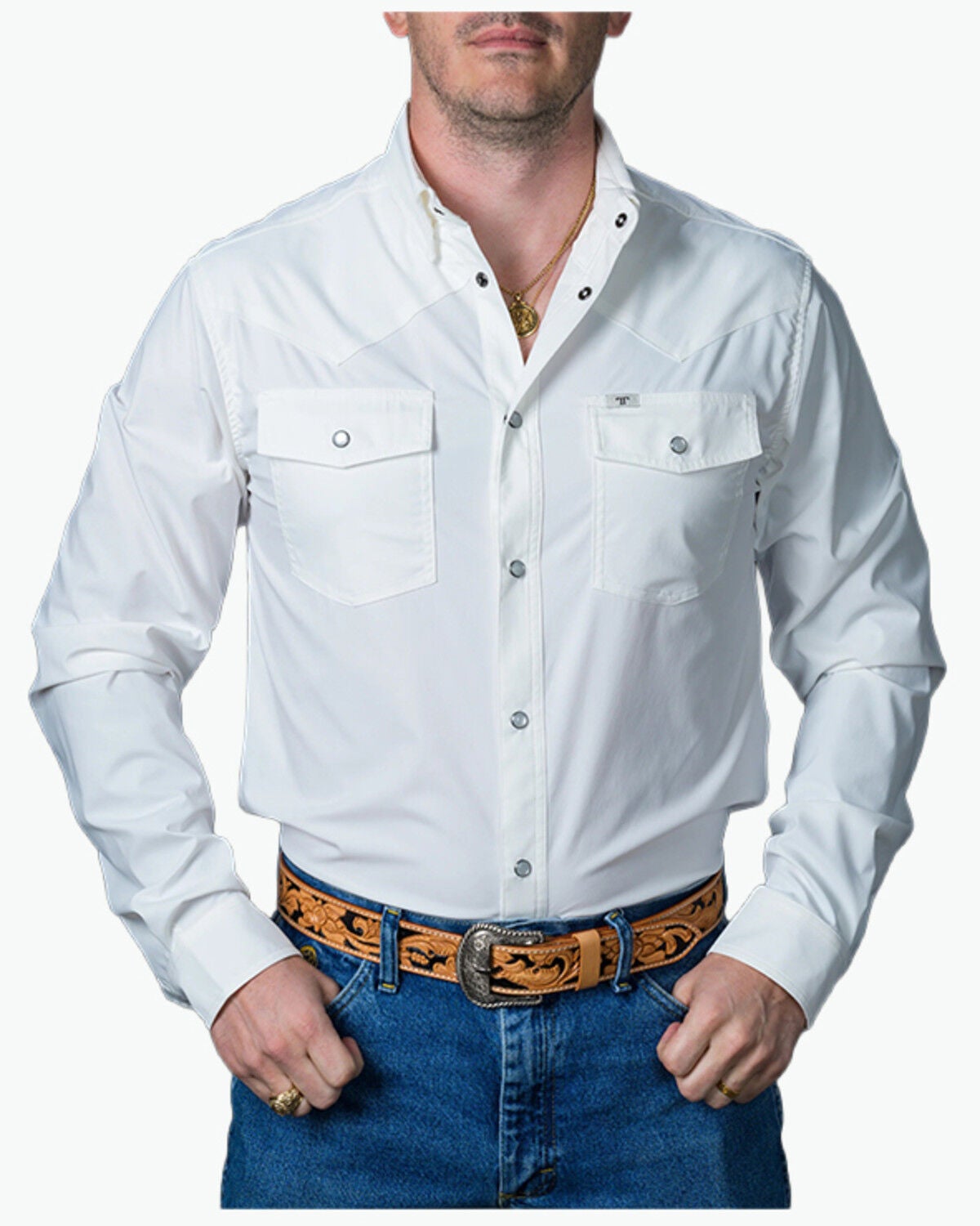 Ferrell Men's Tek Solid Long Sleeve Snap Performance Western Shirt, White, hi-res