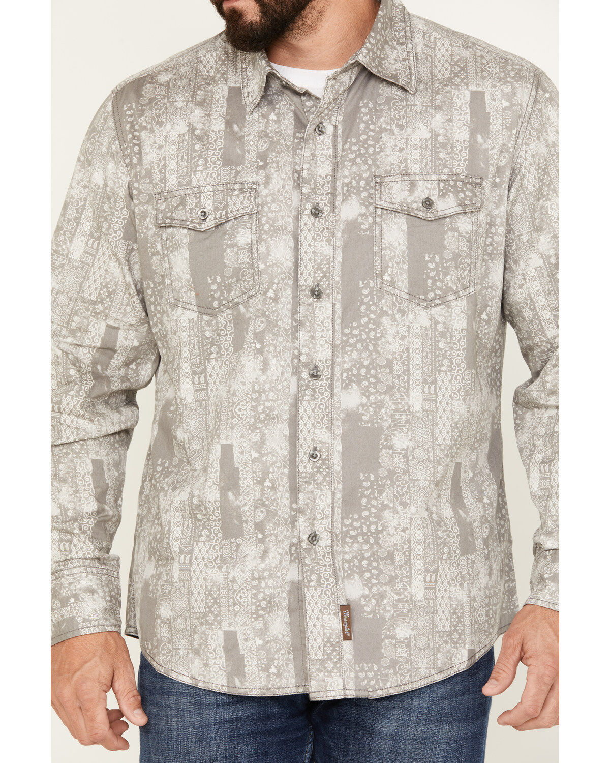 Image #3 - Wrangler Retro Men's Patchwork Print Long Sleeve Button-Down Western Shirt, Grey, hi-res