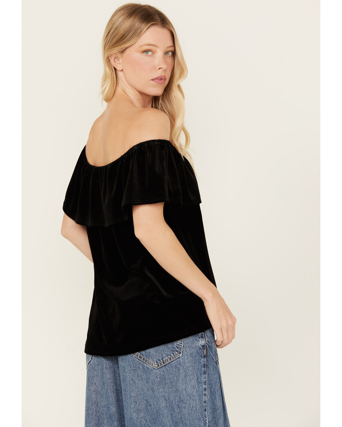 Image #4 - Panhandle Women's Off The Shoulder Short Sleeve Velvet Top, Black, hi-res
