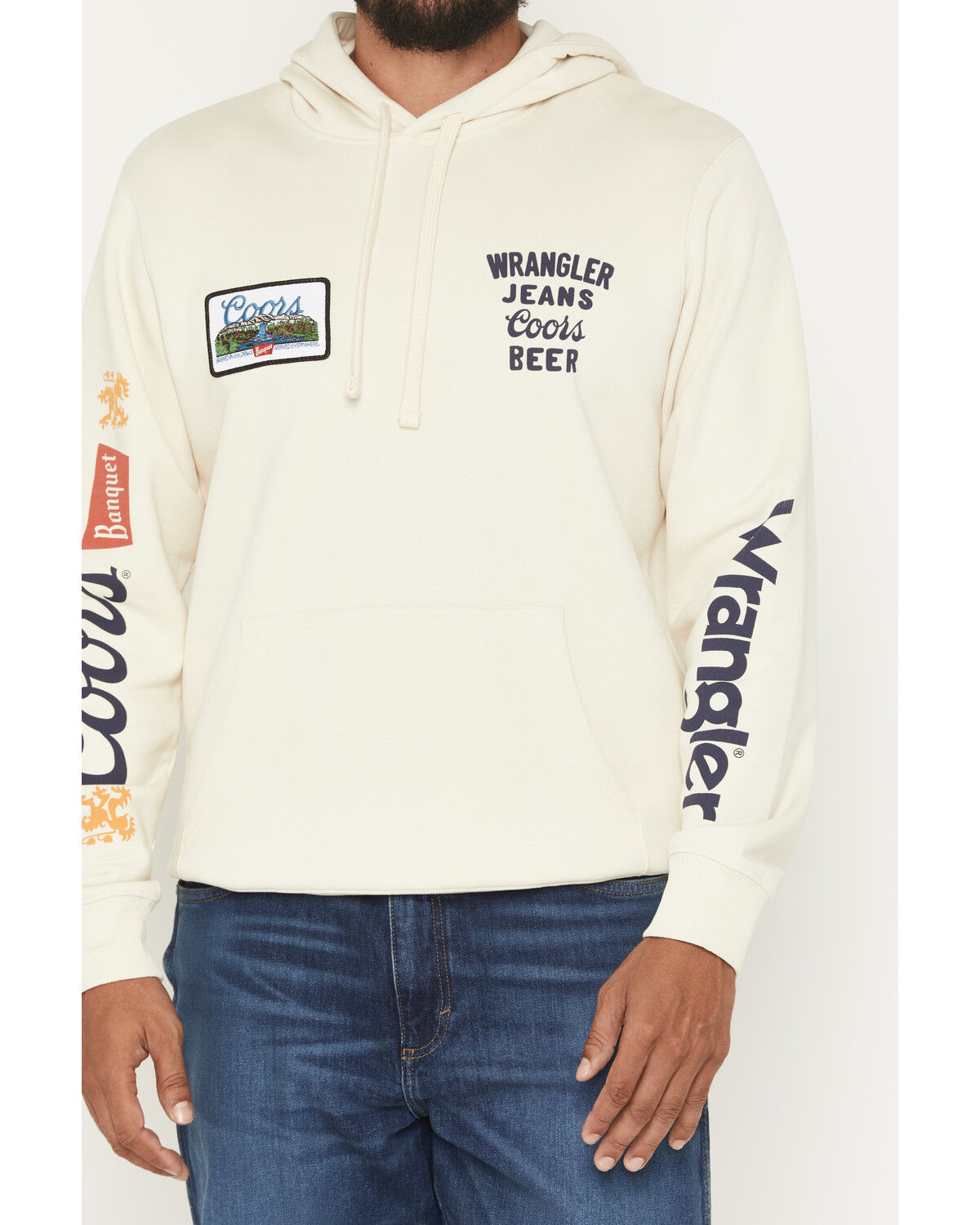 Image #3 - Wrangler X Coors Banquet Men's Logo Sleeve Hoodie, Cream, hi-res