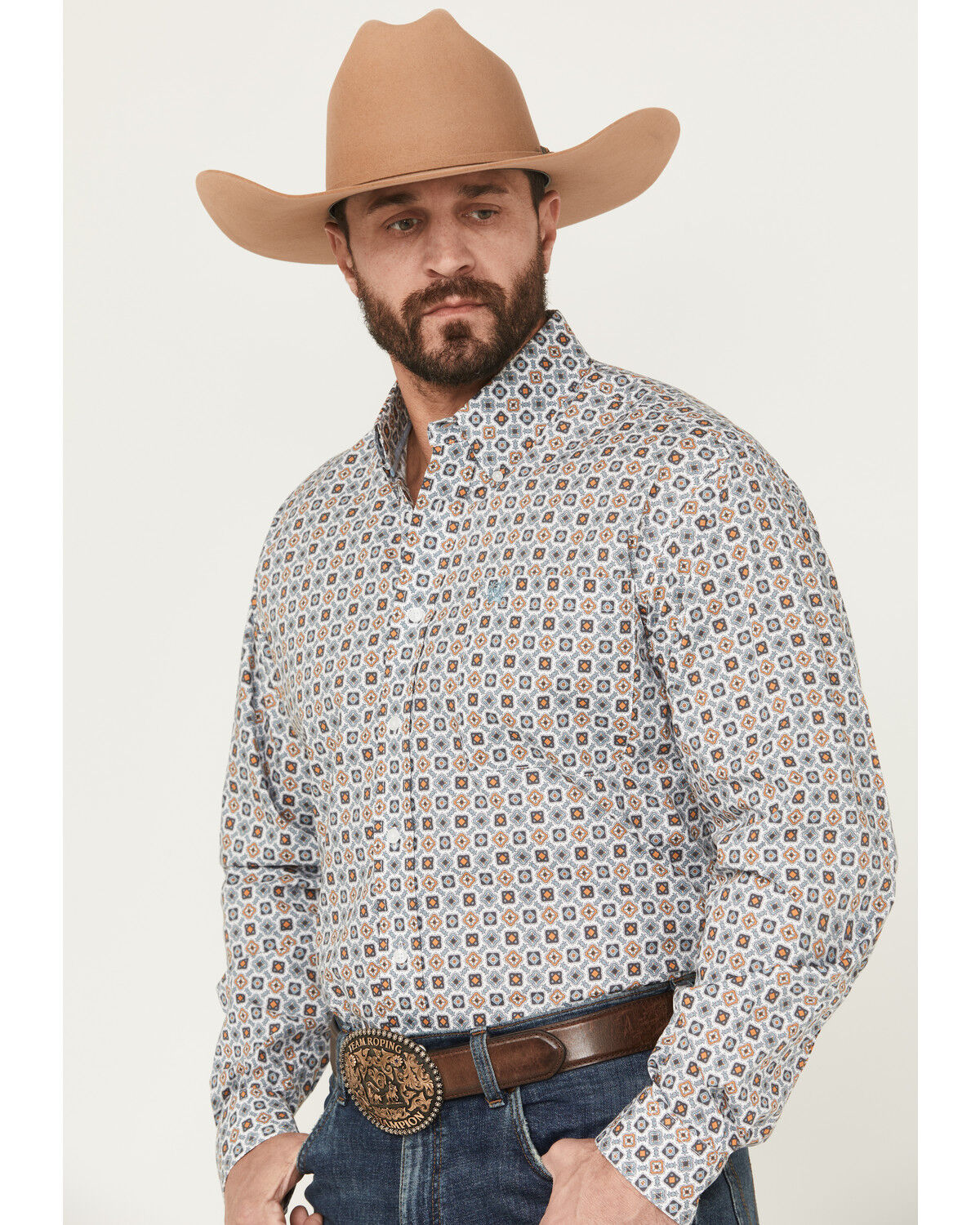 Image #2 - Cinch Men's Geo Print Long Sleeve Button-Down Western Shirt, White, hi-res