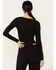Shyanne Women's Long Sleeve Cutwork Front Tie Top, Black, hi-res