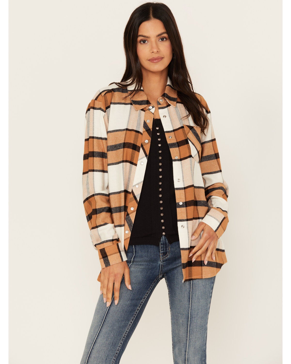 Idyllwind Women's Caroline Featherlight Plaid Print Pearl Snap Shirt, Medium Brown, hi-res